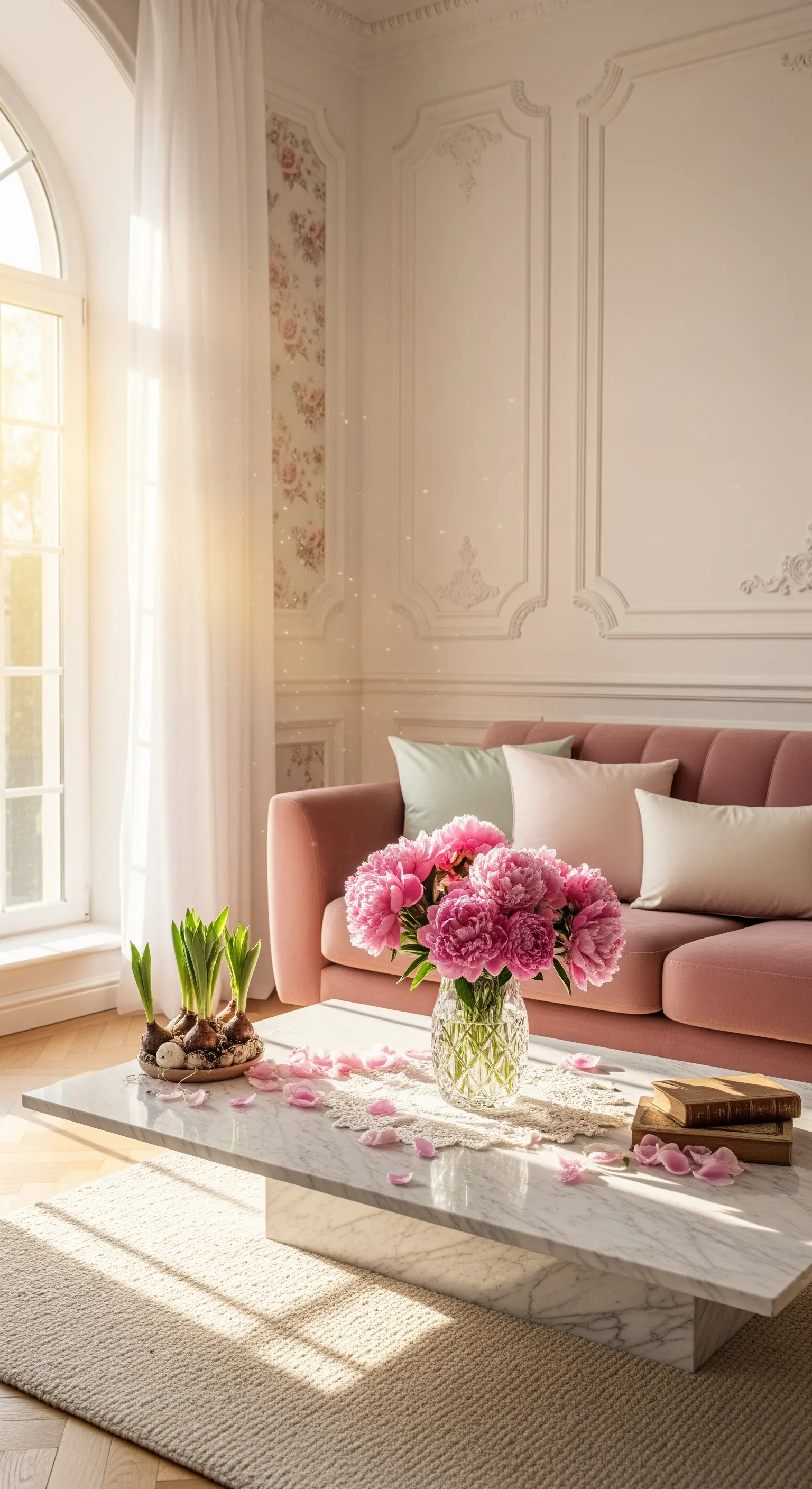 Wohnzimmer mit rosafarbenem Sofa, Marmortisch, pinken Pfingstrosen, sanftem Sonnenlicht