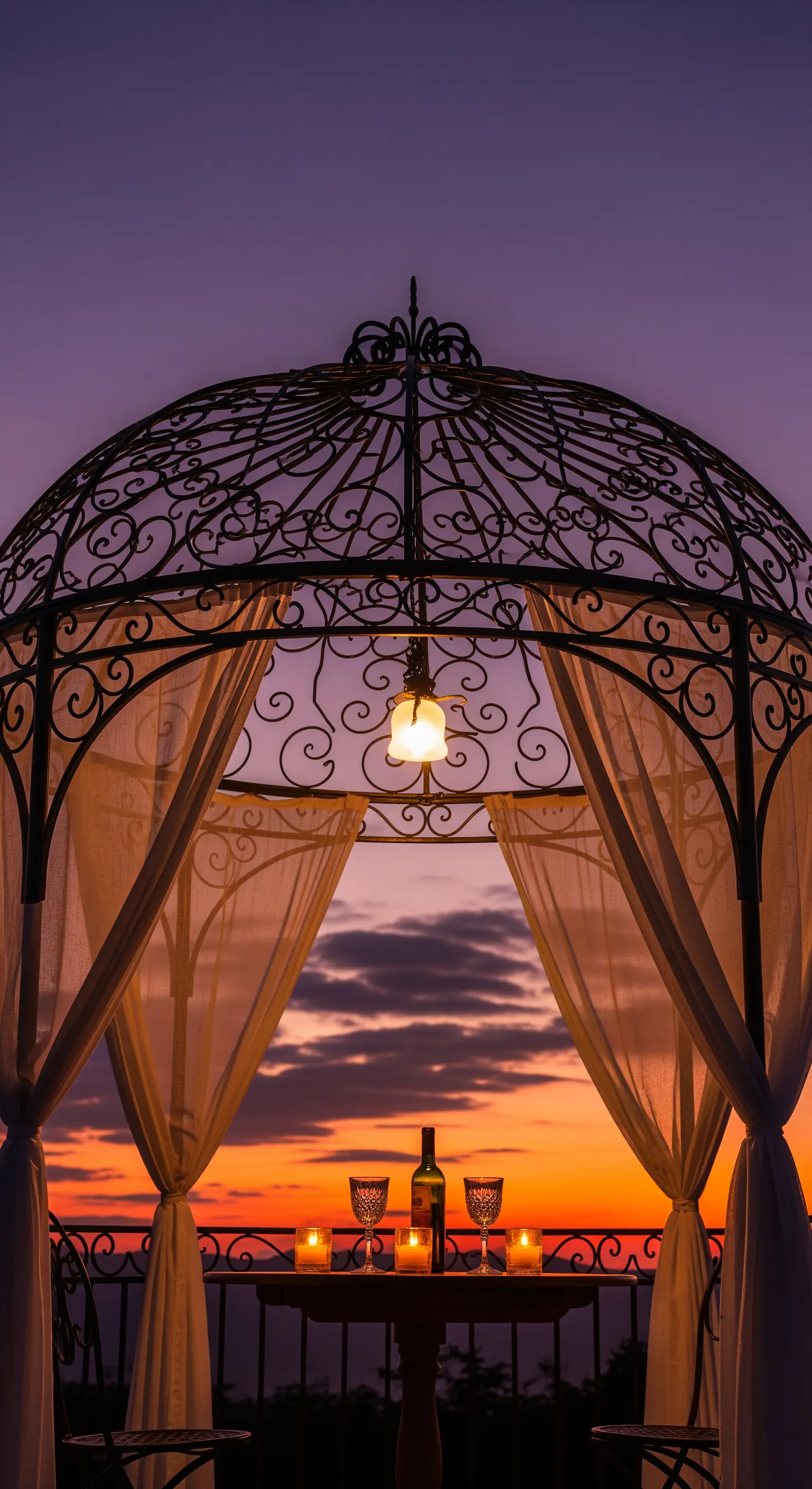 Schmiedeeiserner Pavillon mit wehenden Vorhängen und Kerzen-Dinner bei Sonnenuntergang