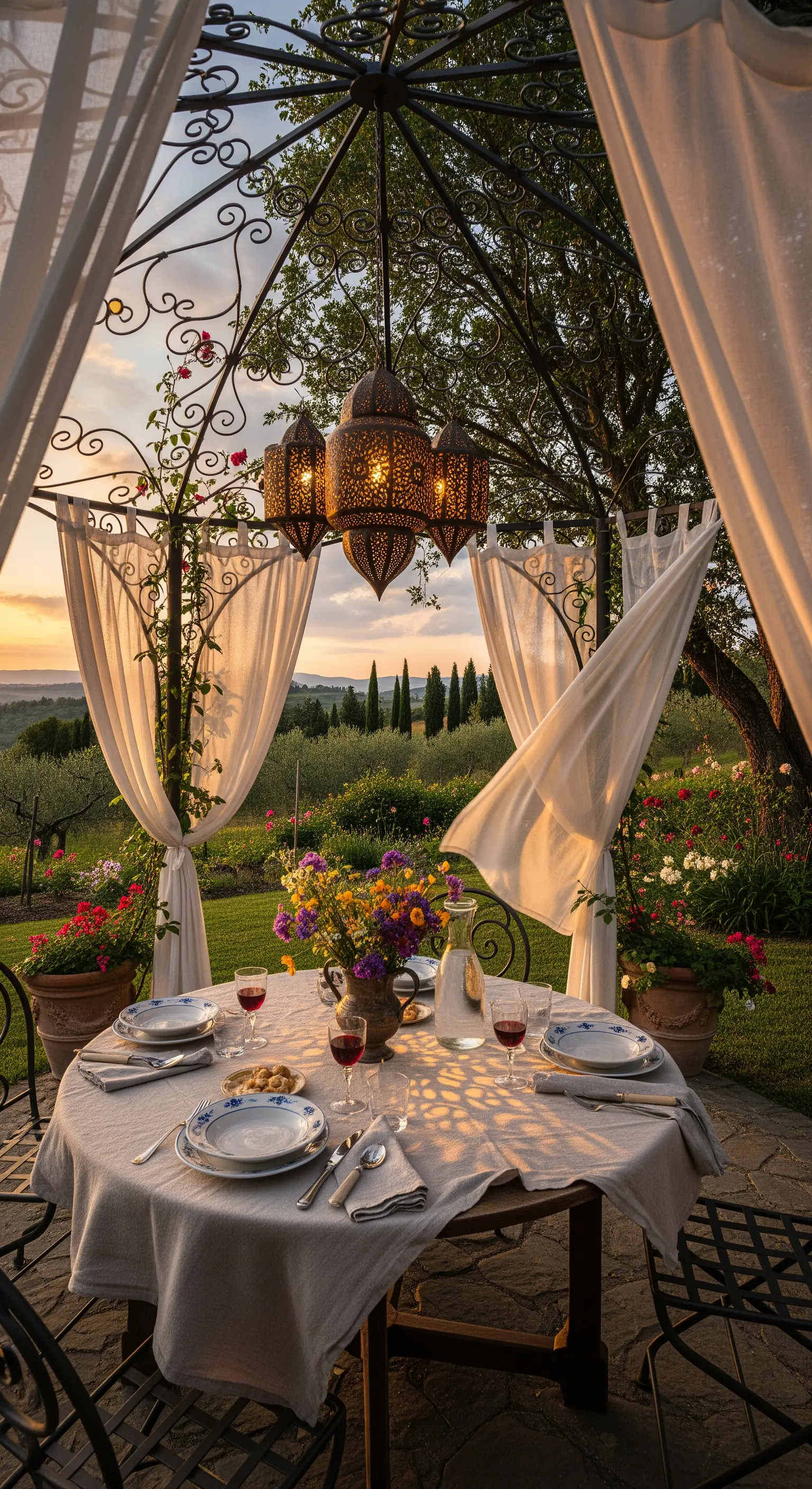 Pavillon mit weißen Vorhängen, orientalischer Laterne und Blumenstrauß auf dem Tisch