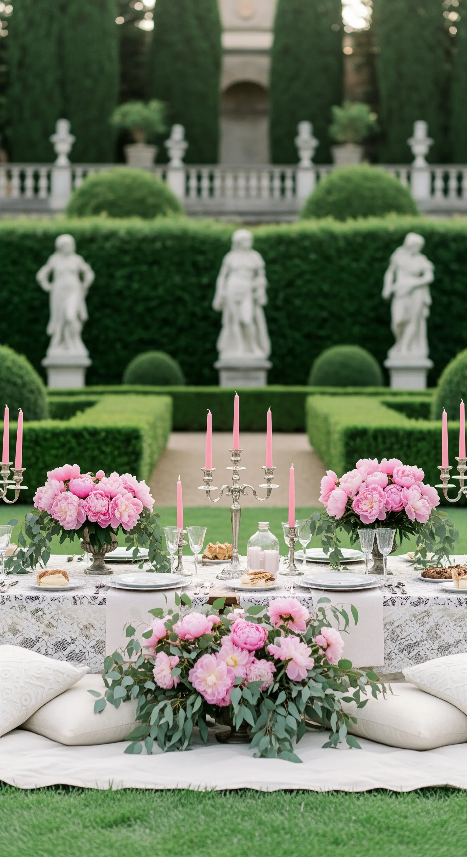 Picknick mit rosa Pfingstrosen, silbernen Kandelabern und weißen Kissen in einem formalen Garten.