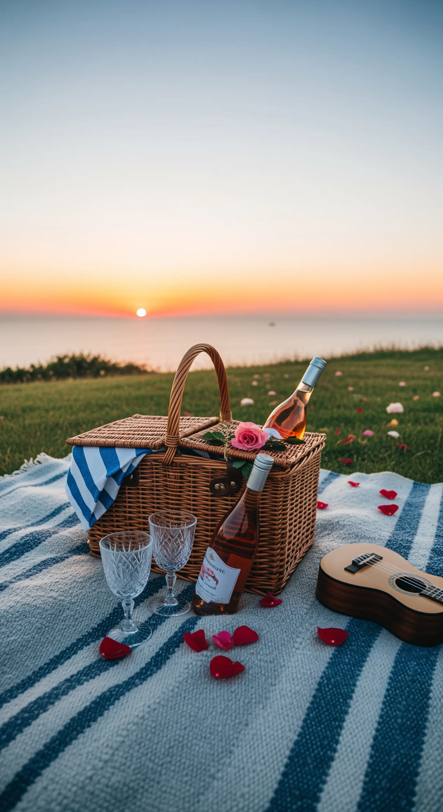 Romantisches Picknick mit Wein, Gitarre und Sonnenuntergang