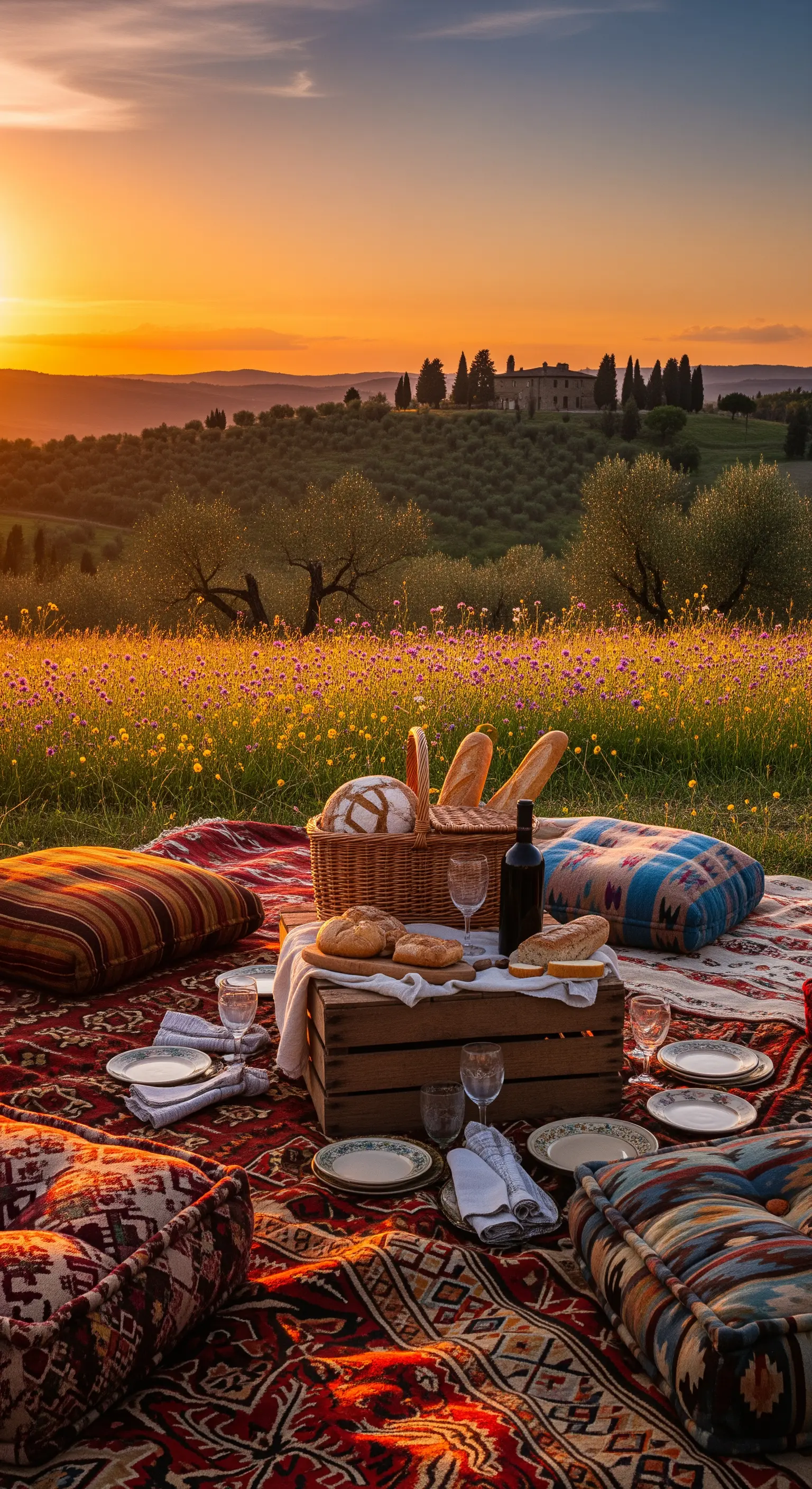 Picknick im Wildblumenfeld mit gemusterter Decke, Kissen und Wein bei Sonnenuntergang