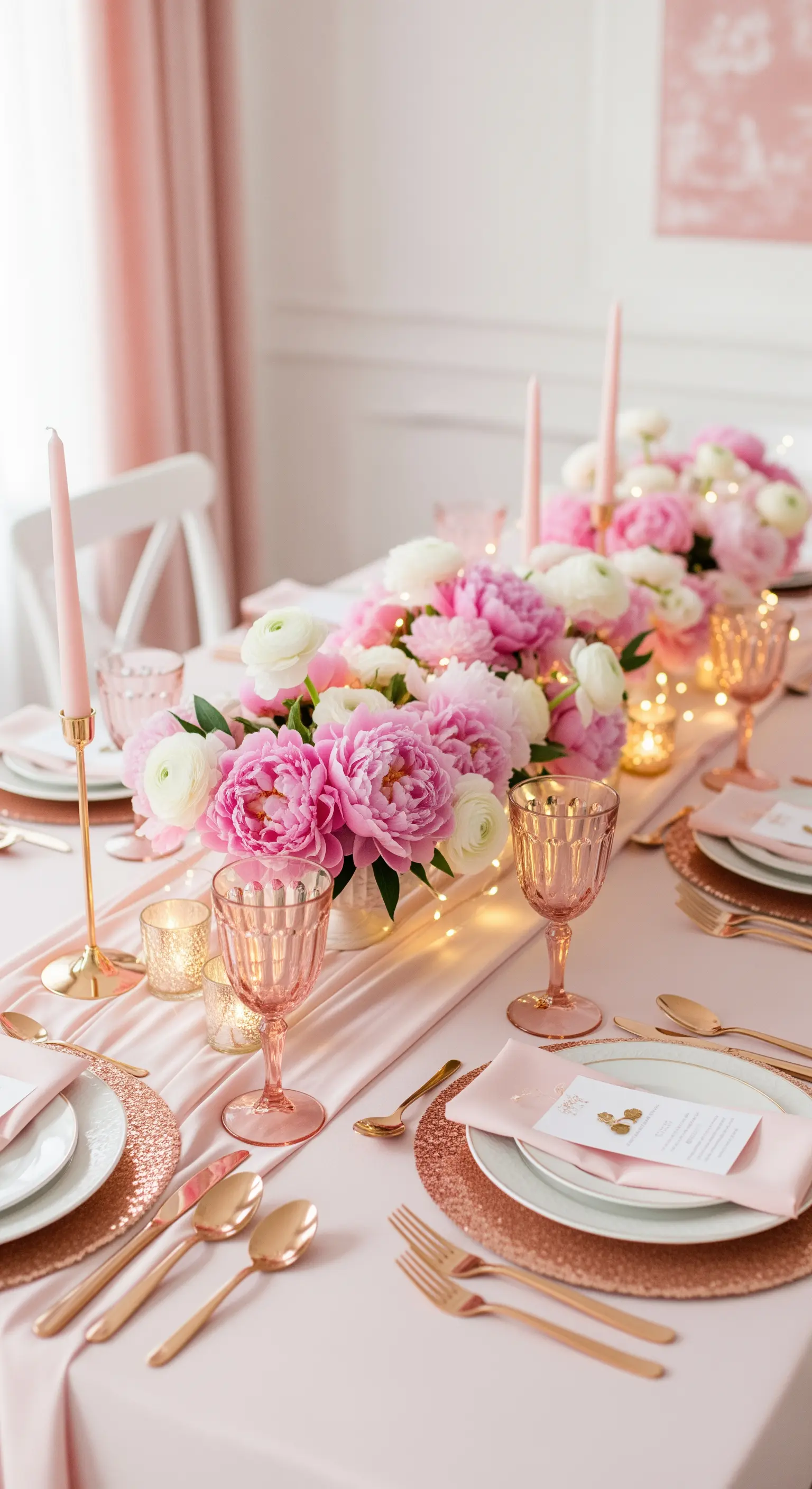 Romantischer Tisch mit rosa Blumen, Roségold-Akzenten und Lichterketten