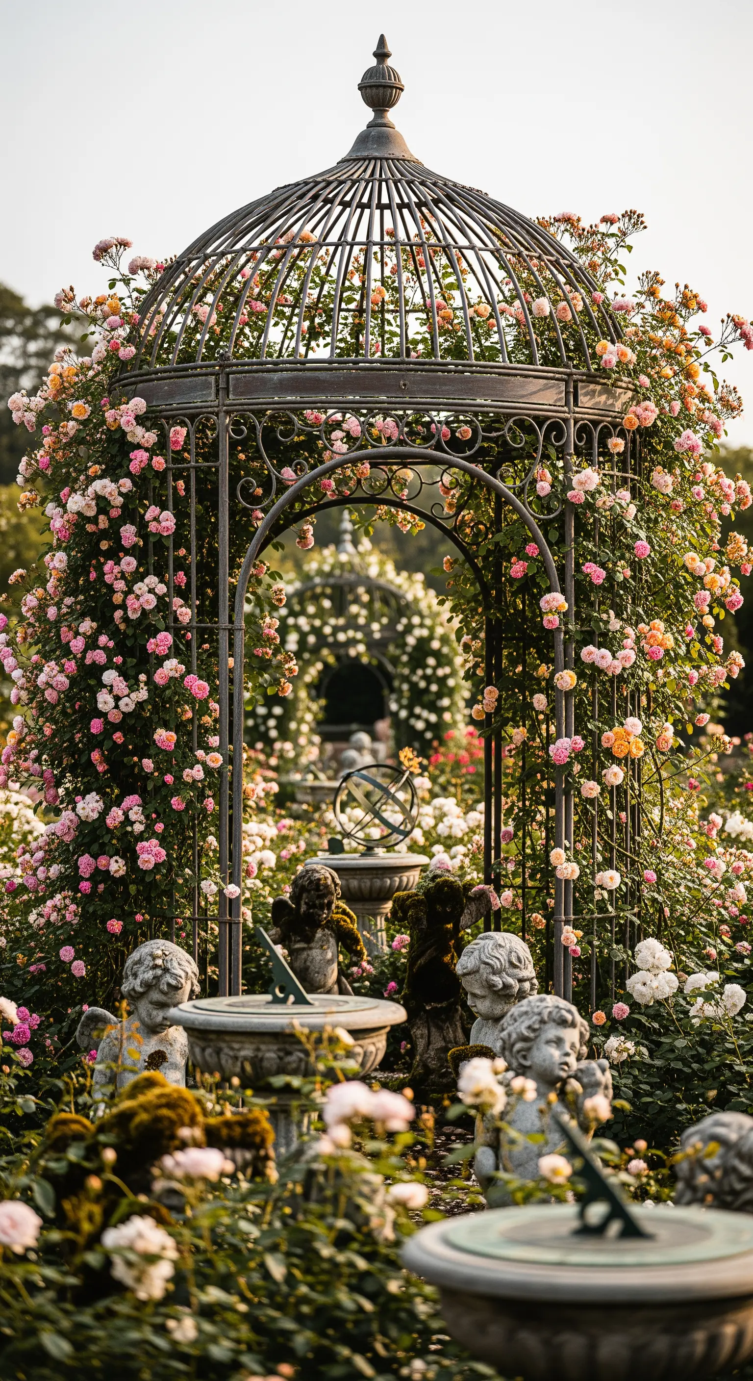 Rosengazebo, Engelsstatuen, romantischer Gartenakzent