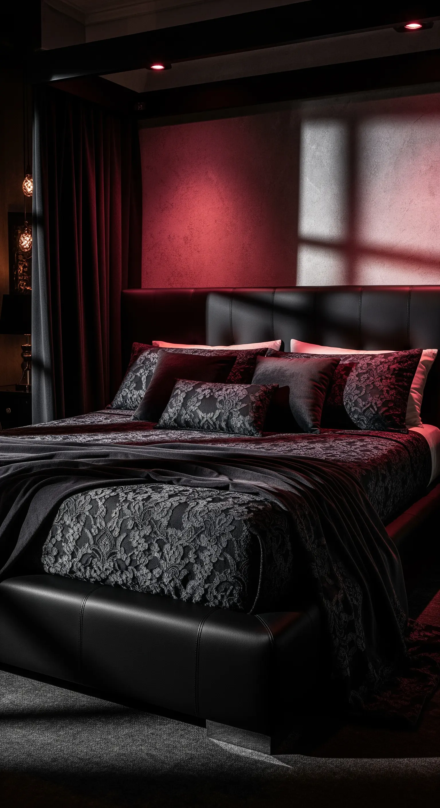 Schlafzimmer mit rotem Licht, schwarzem Lederbett und Spitzenbettwäsche