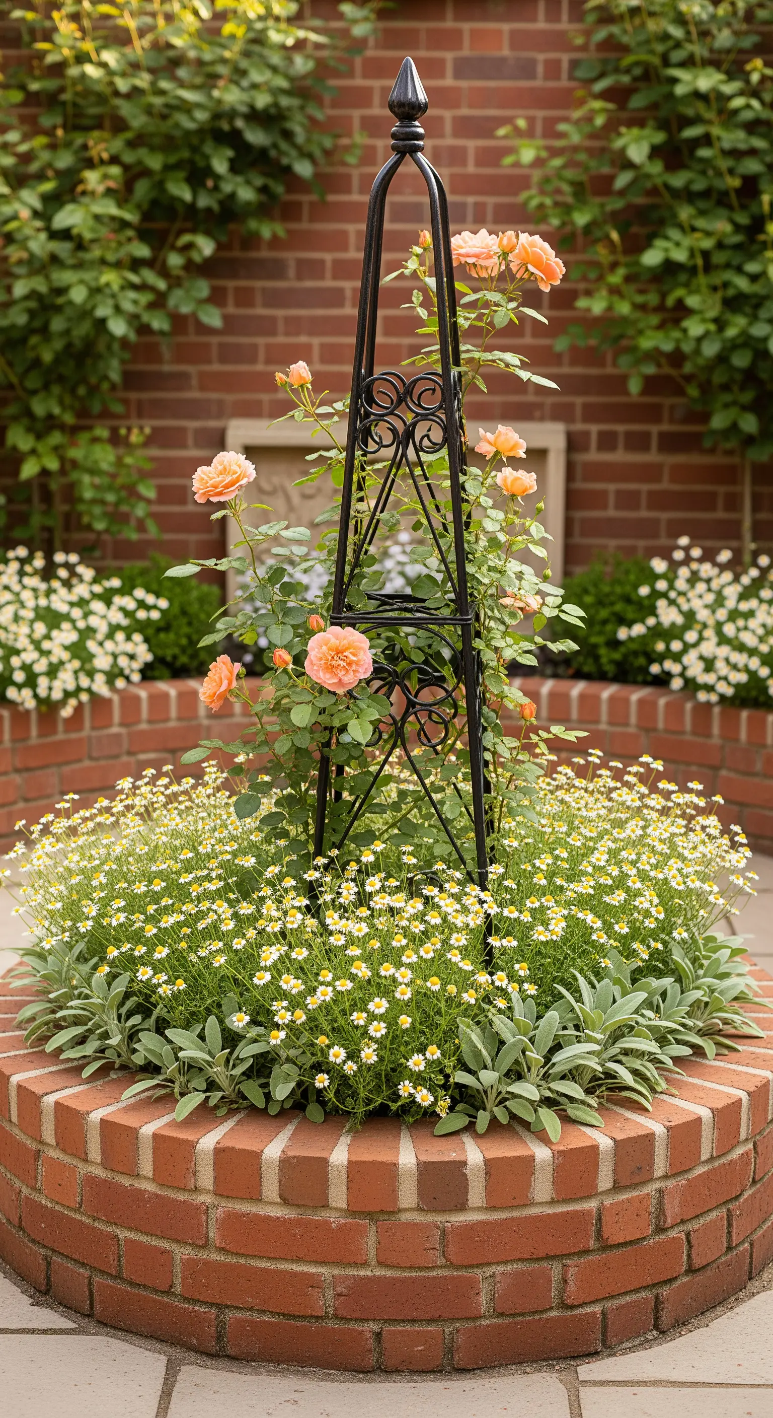 Rundes Ziegelbeet, Orangerose, Obelisk, Kamille.