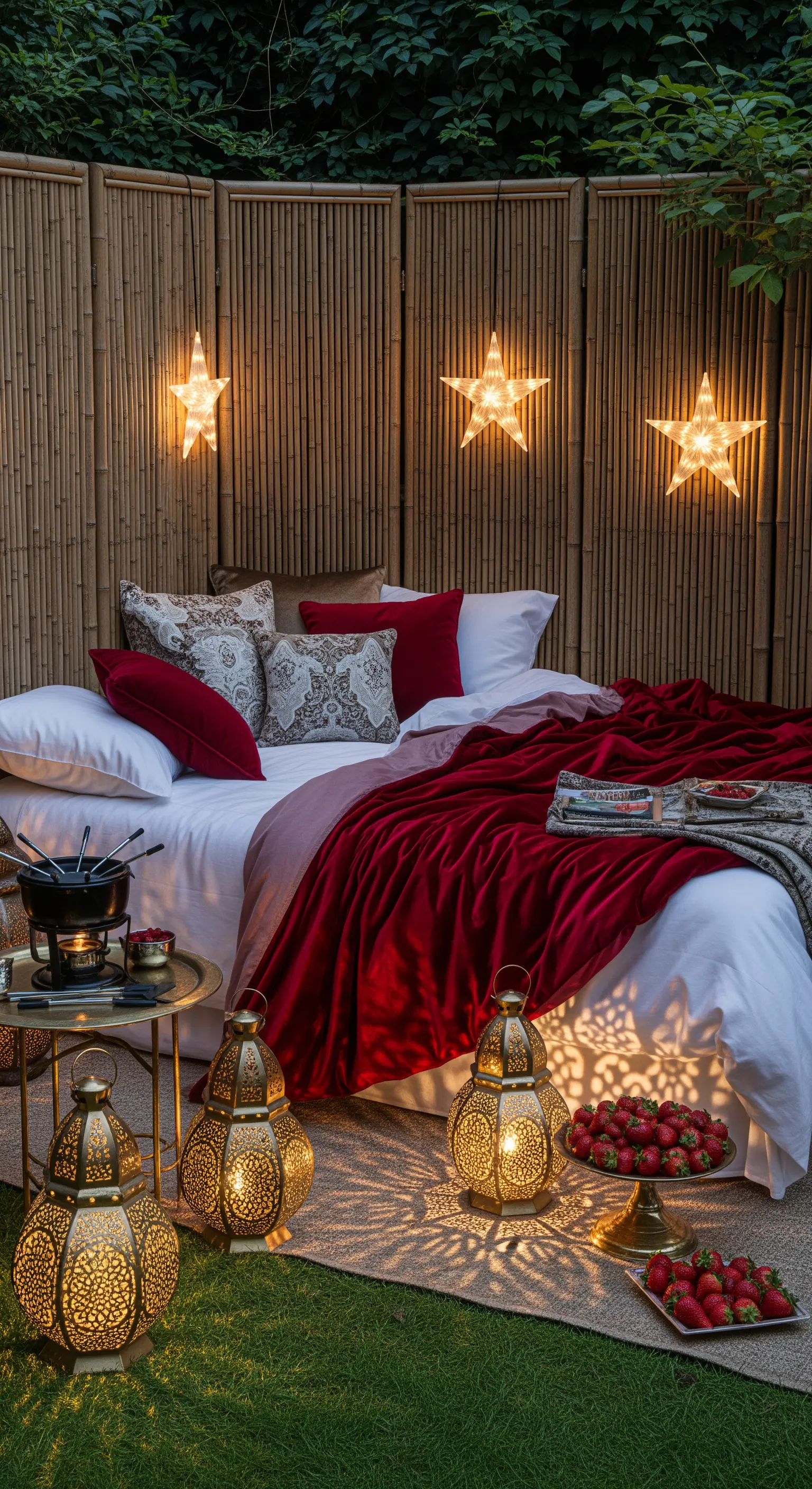 Outdoor-Schlafzimmer mit Bambuswand, roten Decken, Laternen und Sternen.
