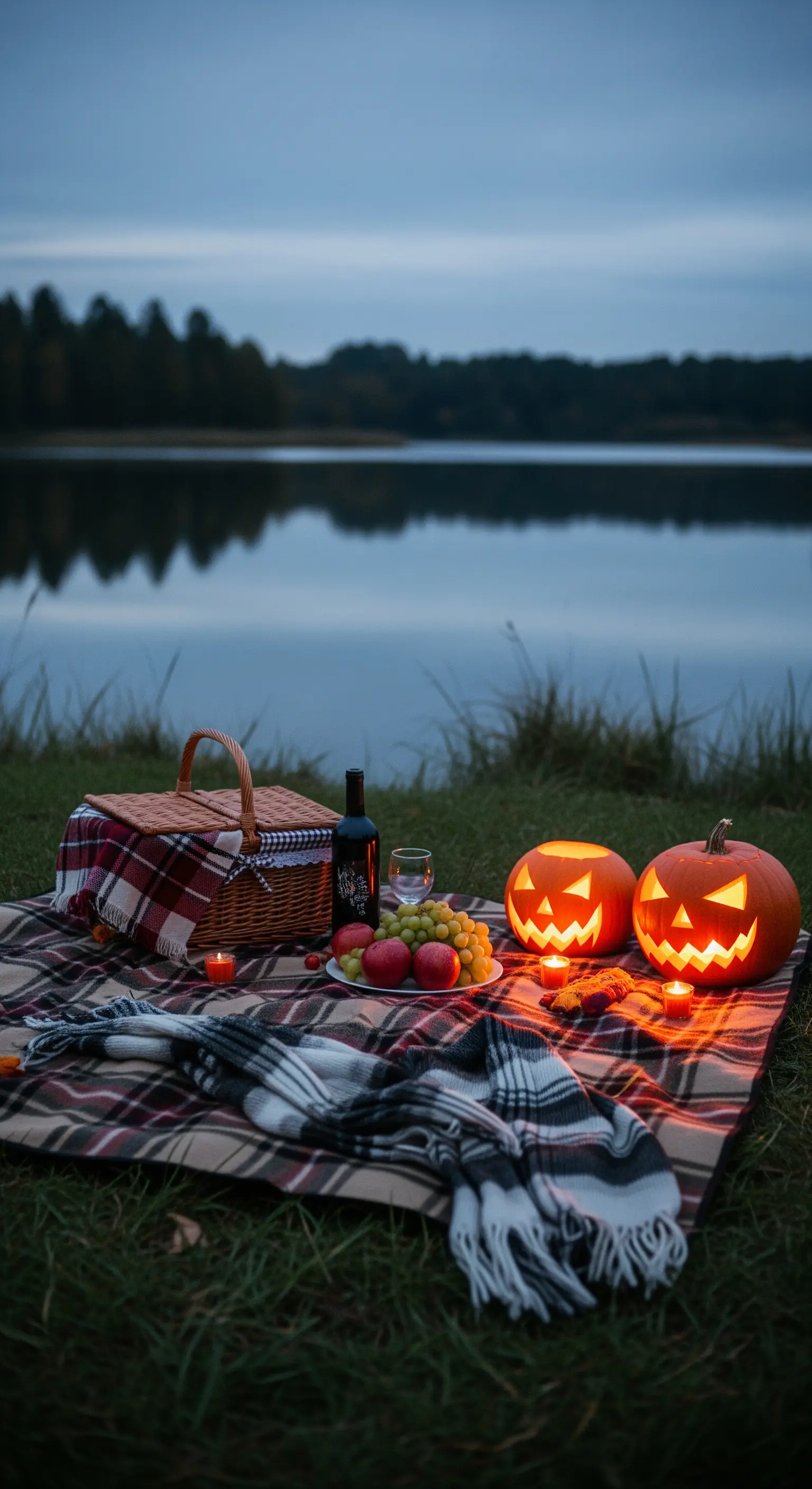 See-Picknick mit karierter Decke, leuchtenden Kürbissen, Picknickkorb, Wein und Früchten.