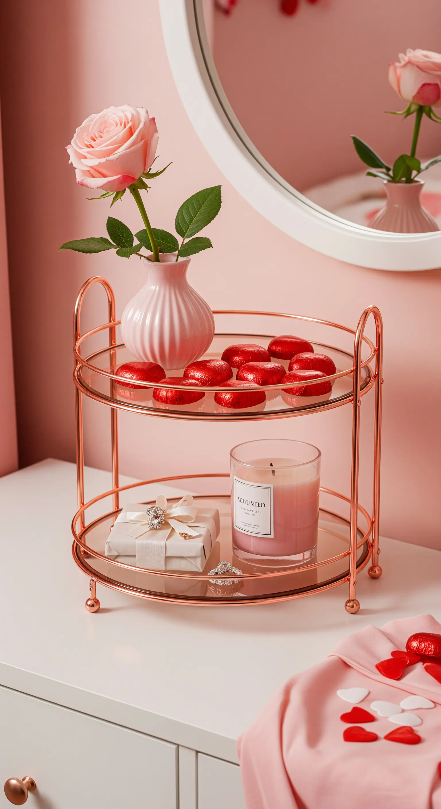 Roségoldene Etagere mit einer rosa Rose, Kerze, Geschenk und Schokoladenherzen