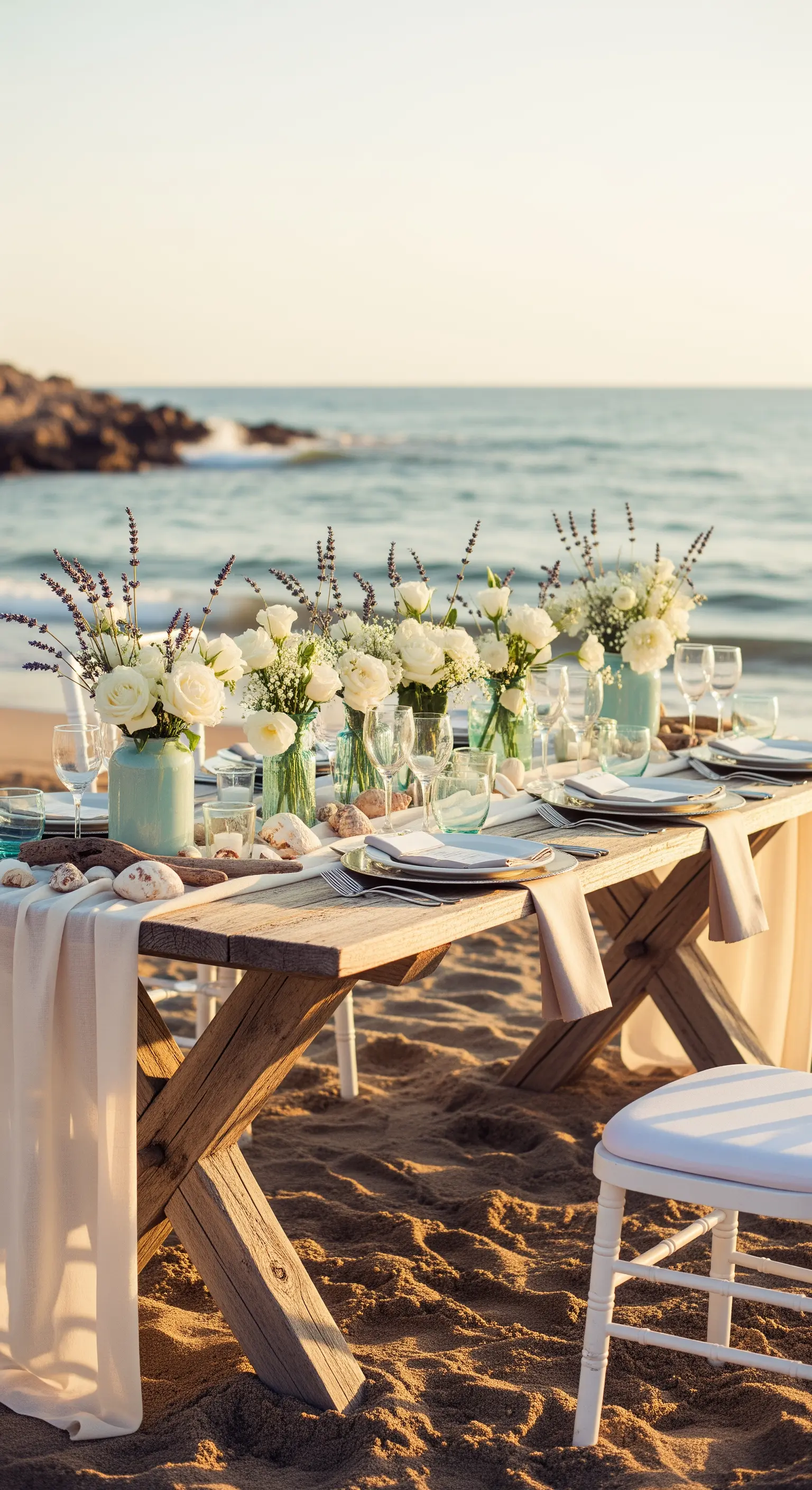 Romantische Tischdeko am Strand mit weißen Rosen in mintgrünen Vasen.