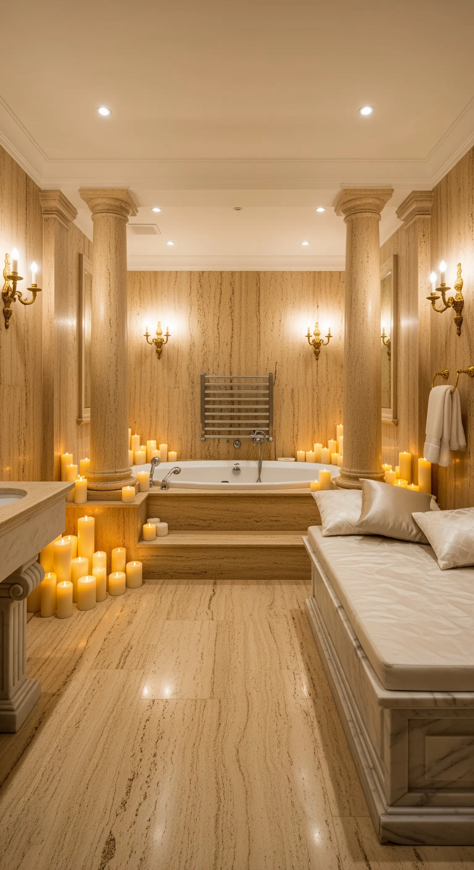 Luxuriöses Badezimmer im römischen Stil mit Marmorsäulen und hunderten von Kerzen.