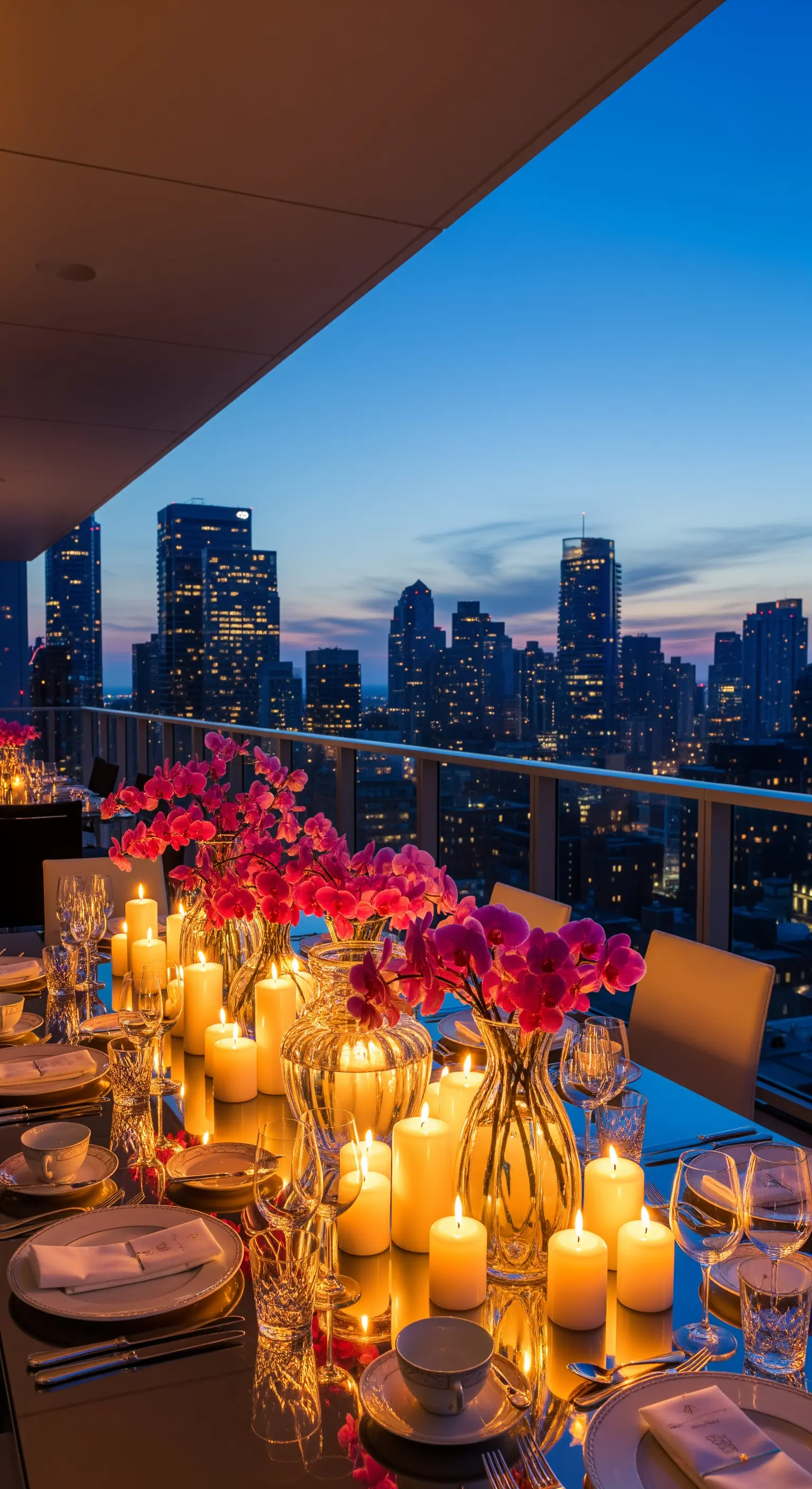 Pinke Orchideen und zahlreiche Kerzen auf Rooftop-Tafel mit Stadtblick