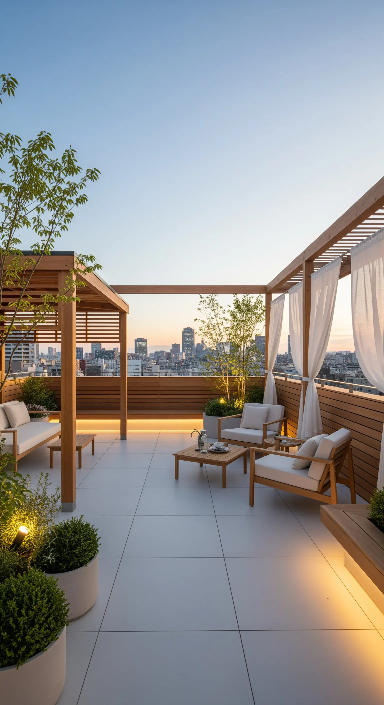 Rooftop-Terrasse mit Holzpergolen, weißen Vorhängen, Japandi-Möbeln und Stadtblick.