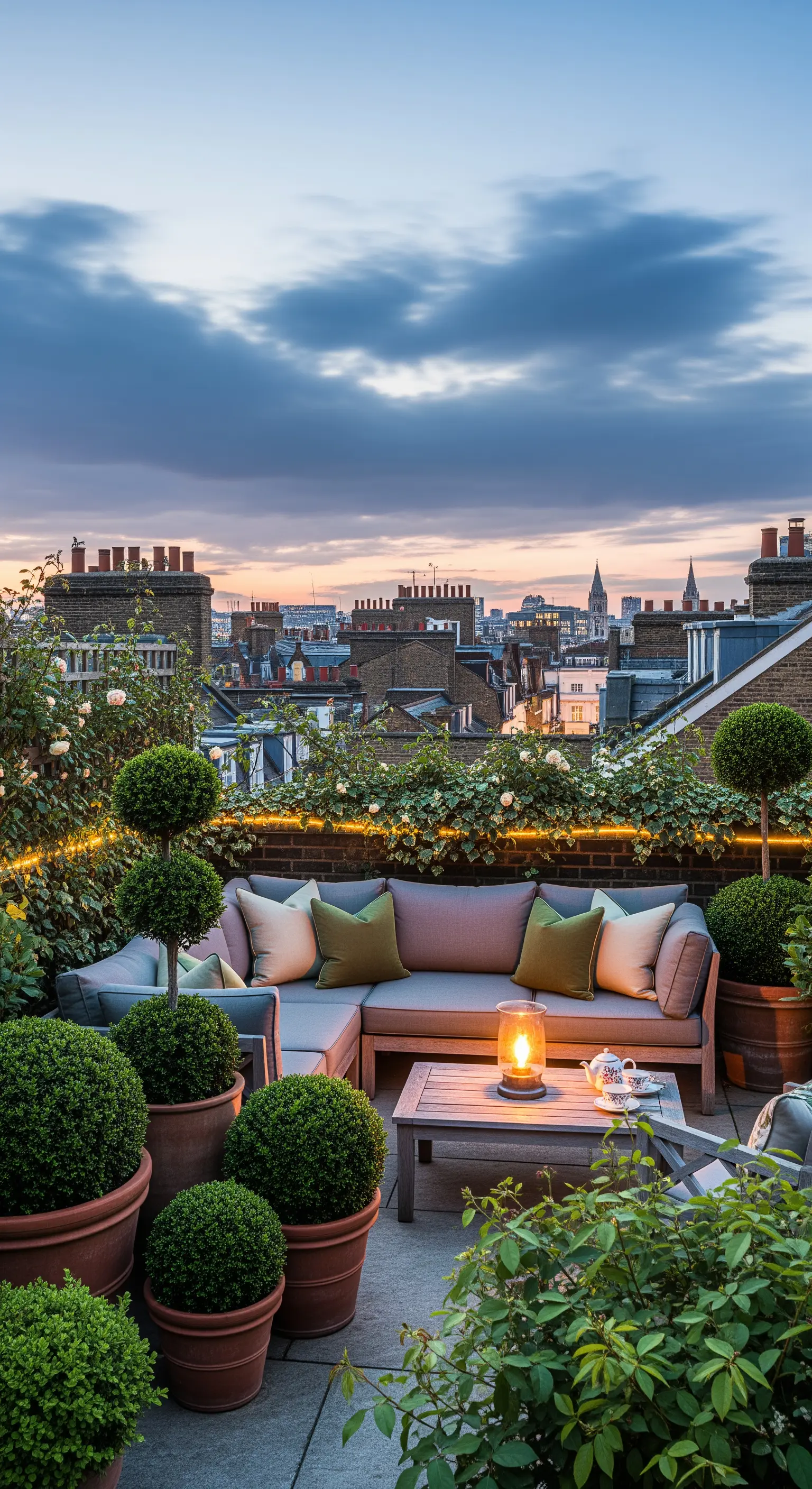 Rooftop-Lounge mit Outdoor-Sofa, Topfpflanzen, Lichterketten und Stadtblick