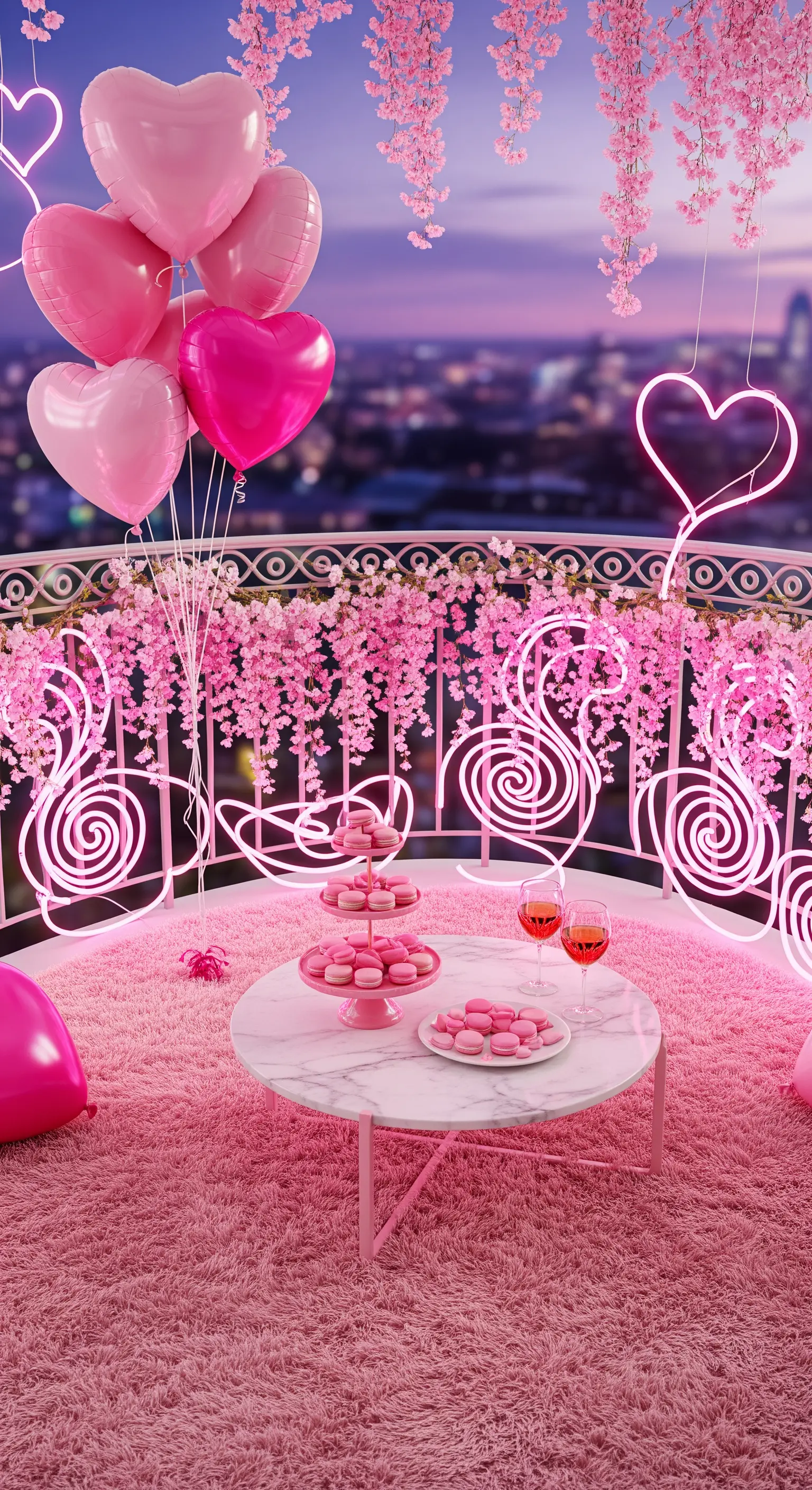Pinker Märchenbalkon mit flauschigem Teppich, Neon-Herzen, Blütenranken und Herzballons.