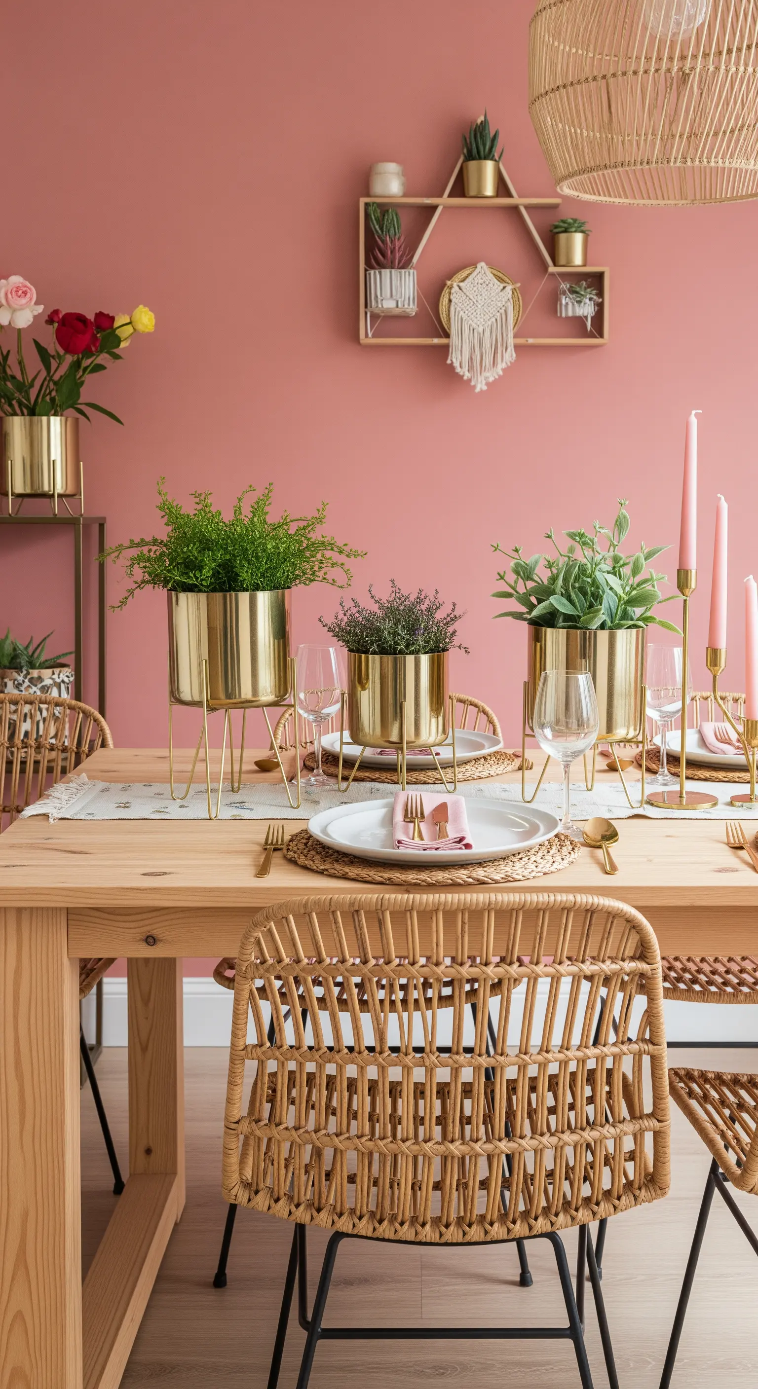 Boho-Esszimmer mit rosa Wand, Rattan-Stühlen und goldenen Deko-Akzenten.