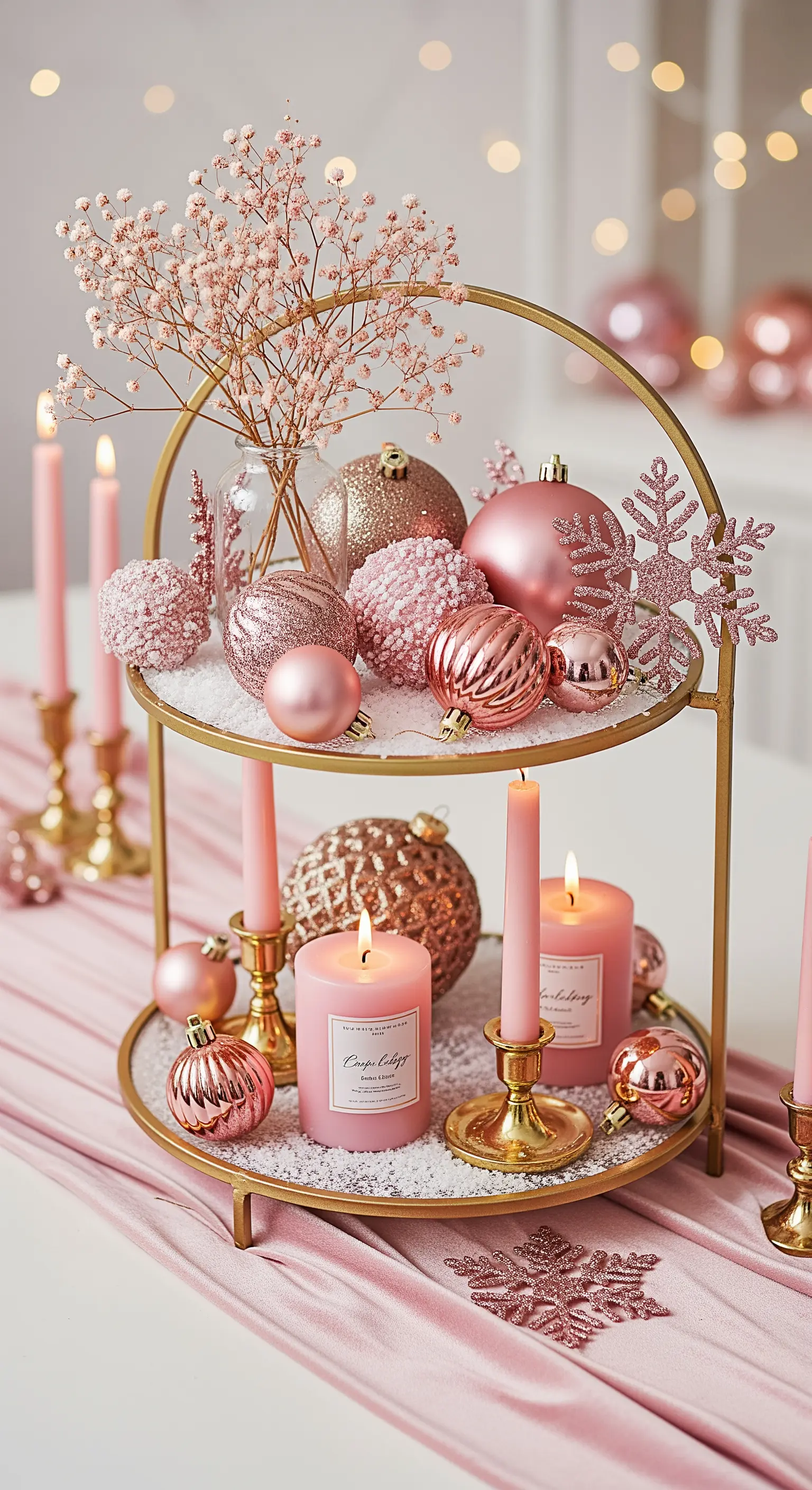 Etagere in Gold und Rosa mit Weihnachtskugeln, Kerzen und Schleierkraut.