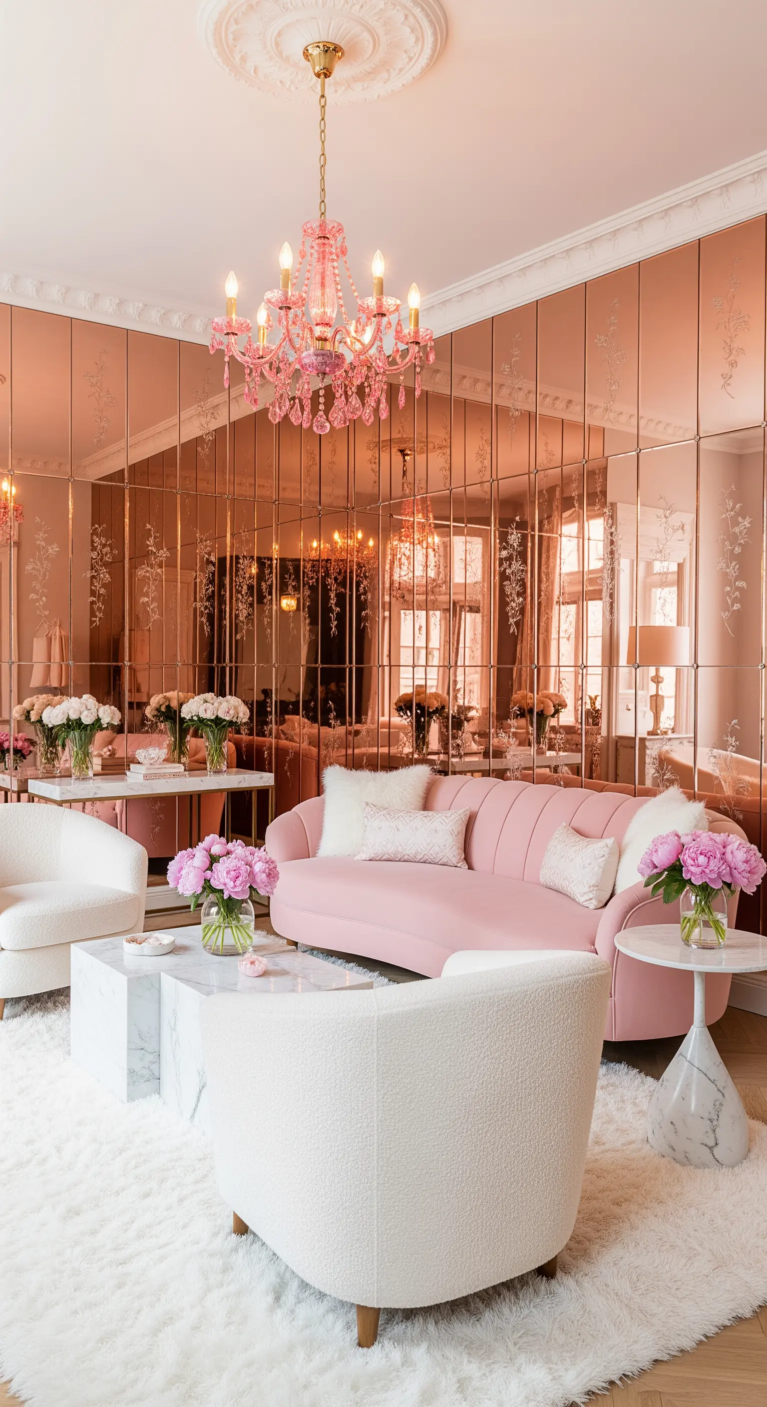 Romantisches Wohnzimmer in Rosa mit einer Spiegelwand in Roségold und floralen Ätzungen.