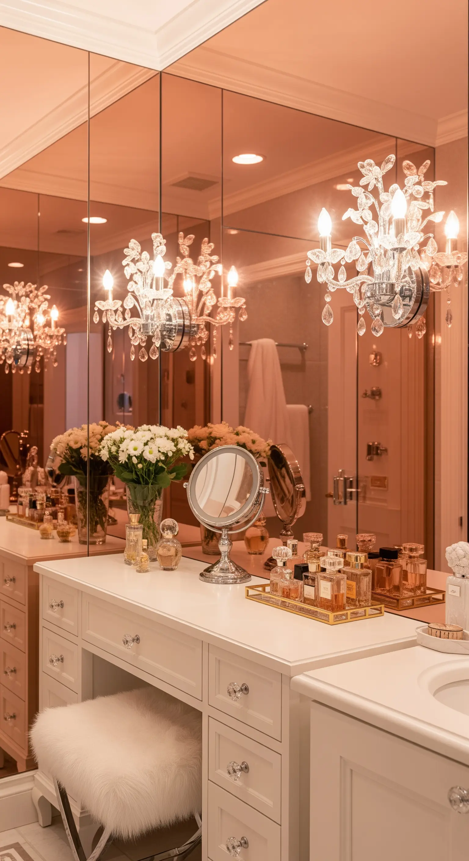 Eleganter Schminkbereich mit einer Wand aus roségold-getöntem Spiegel und Kristallleuchten.