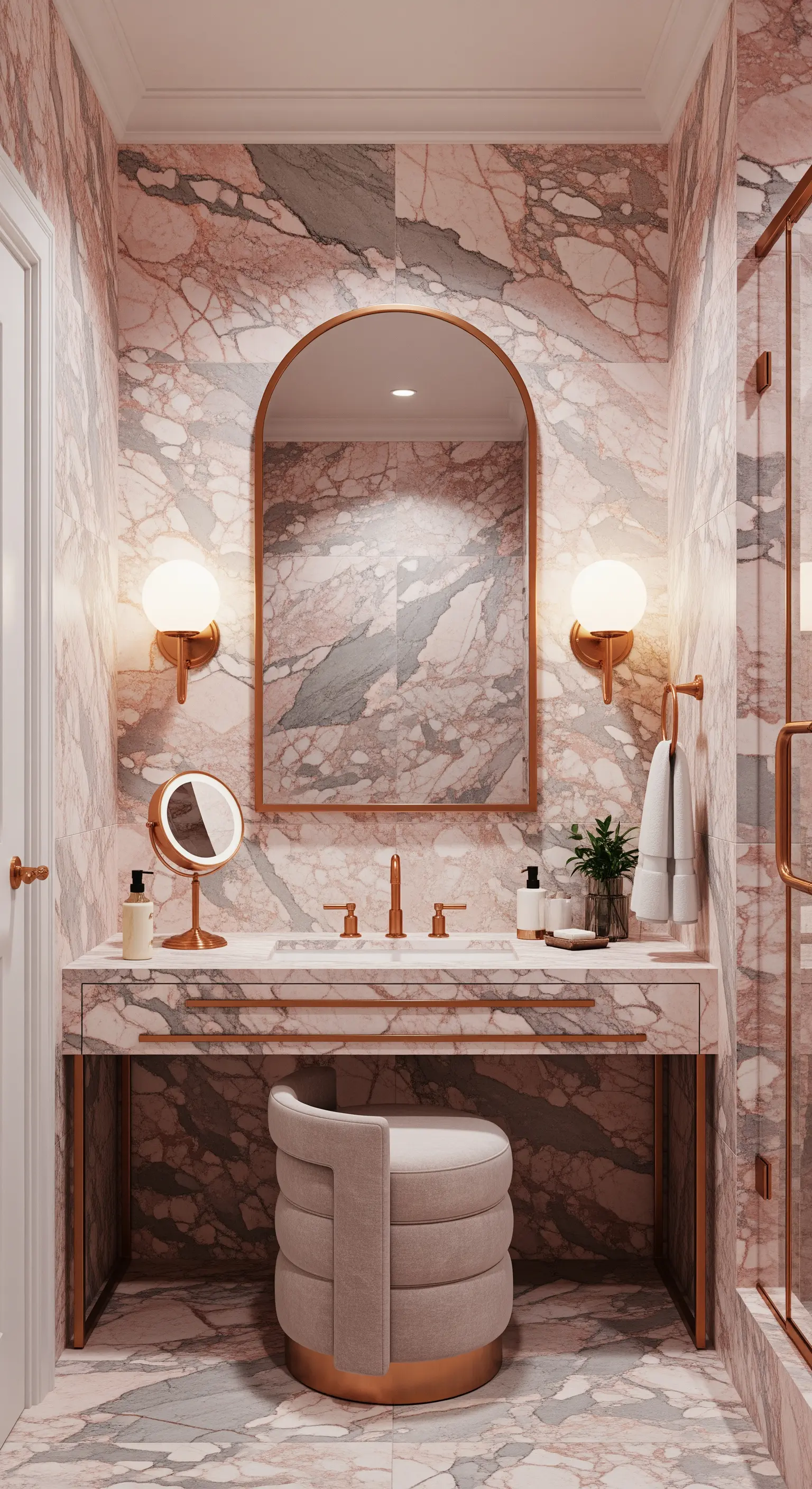 Elegantes Badezimmer mit rosa Marmor, Roségold-Armaturen und einem Schminktisch.