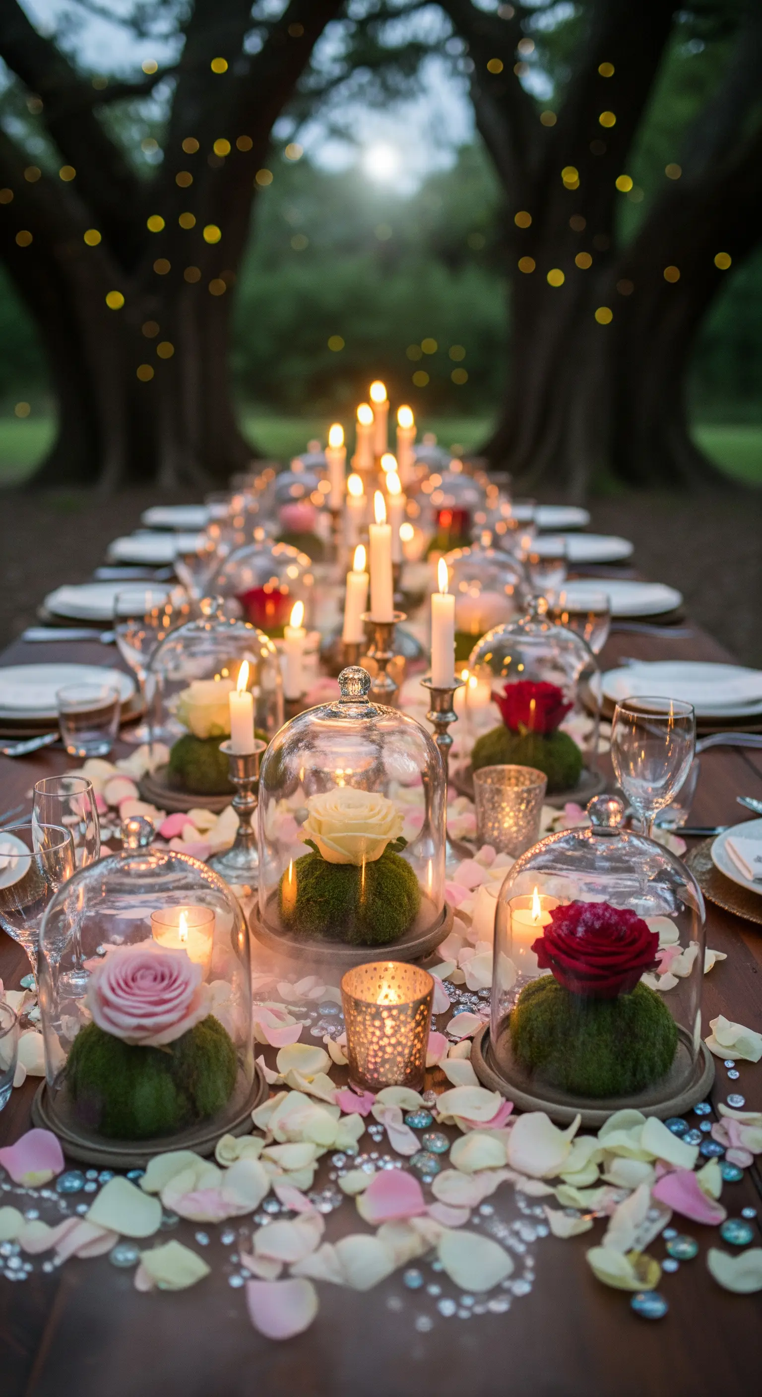 Rosen unter Glaskuppeln mit Kerzen und Blütenblättern auf Holztisch