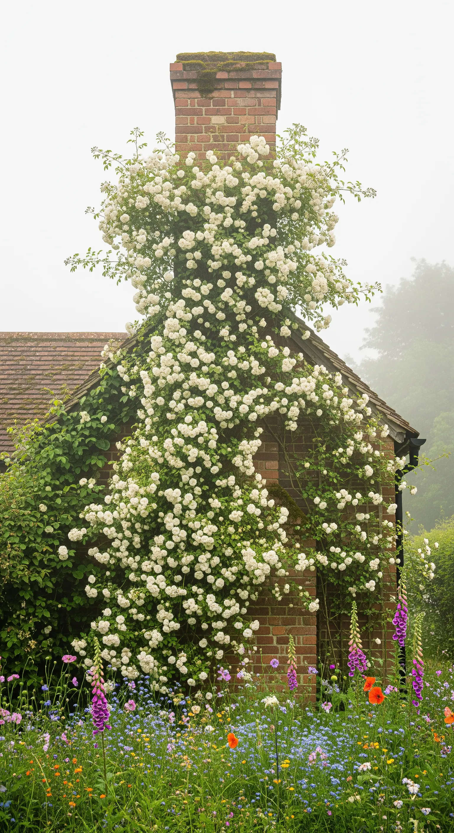 Schornstein, weiße Kletterrosen, Architektur-Highlight, Landhausgarten