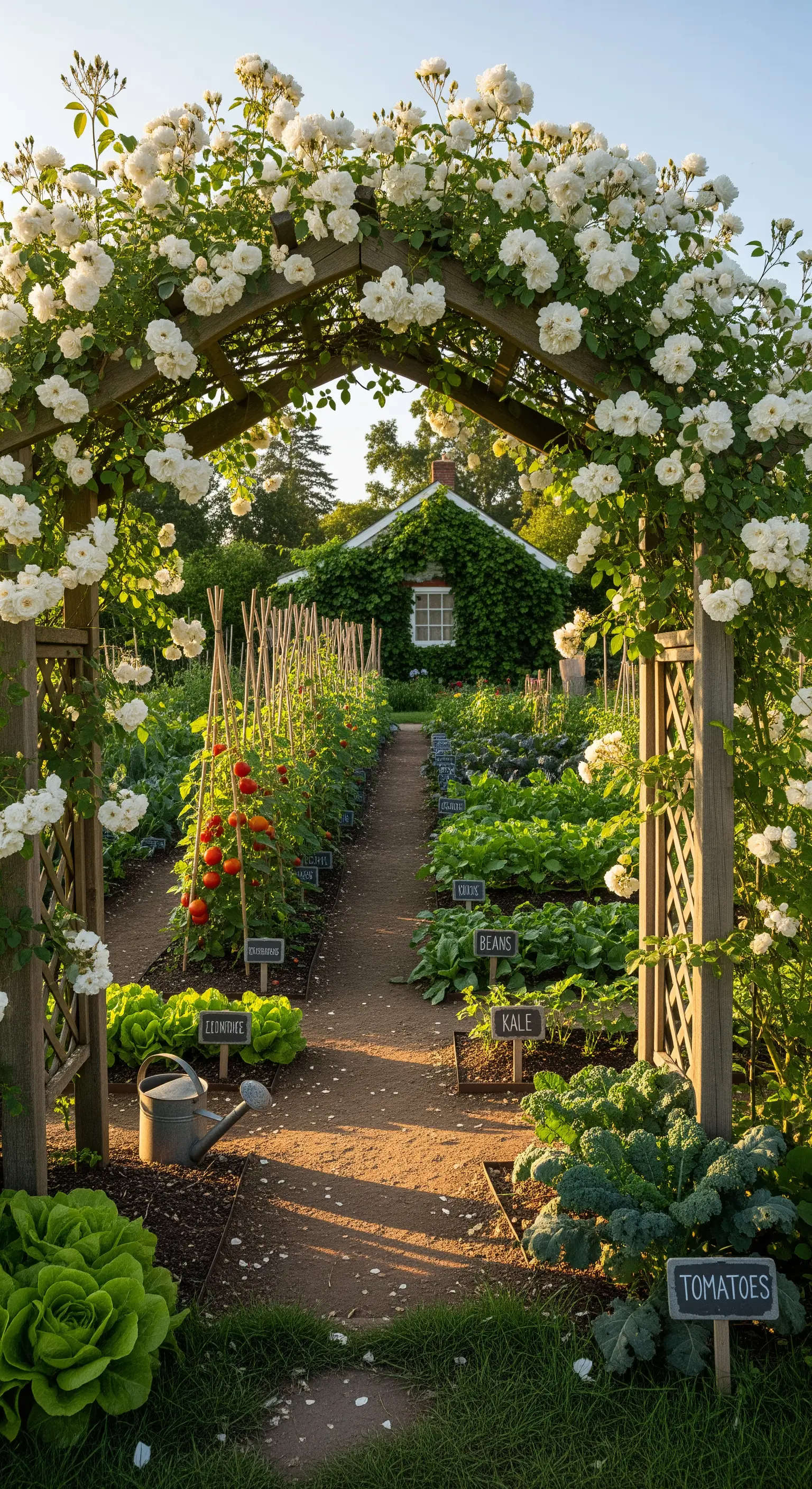 Rosenbogen mit weißen Kletterrosen am Eingang eines Gemüsegartens mit Holzschildern.