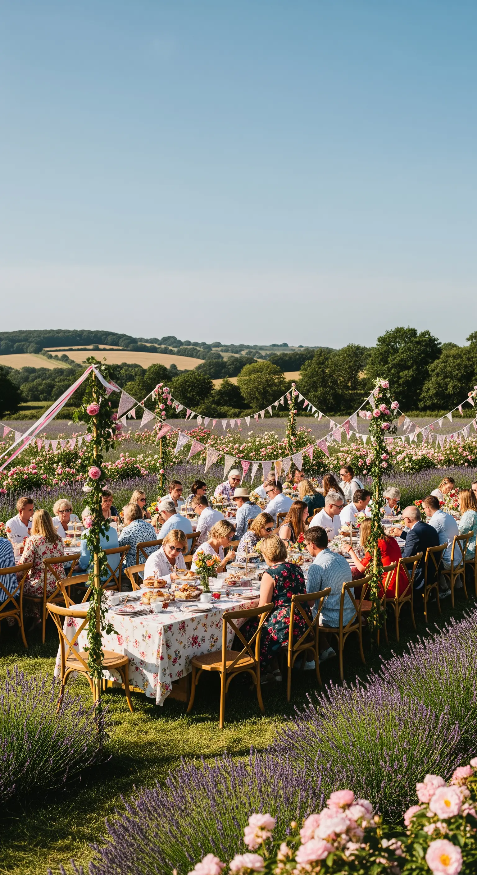 Lange Tische in Lavendelfeld mit Rosenbüschen und Wimpelketten