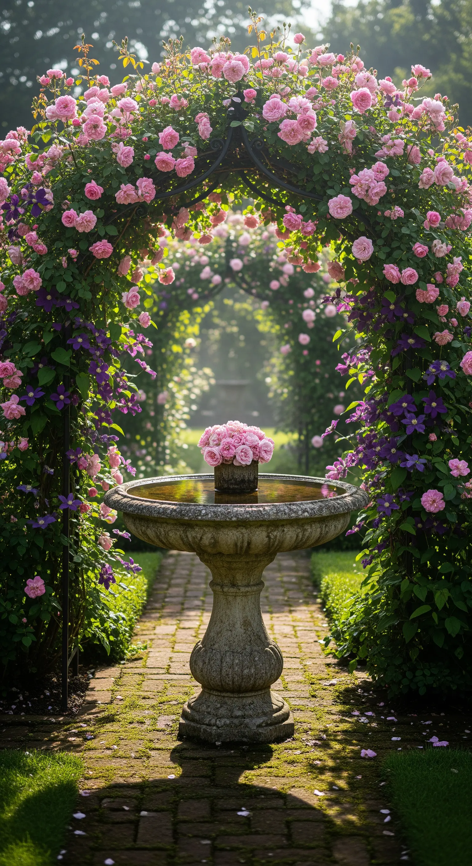 Klassische Steinvogeltränke unter einem blühenden Rosengang aus rosa Rosen