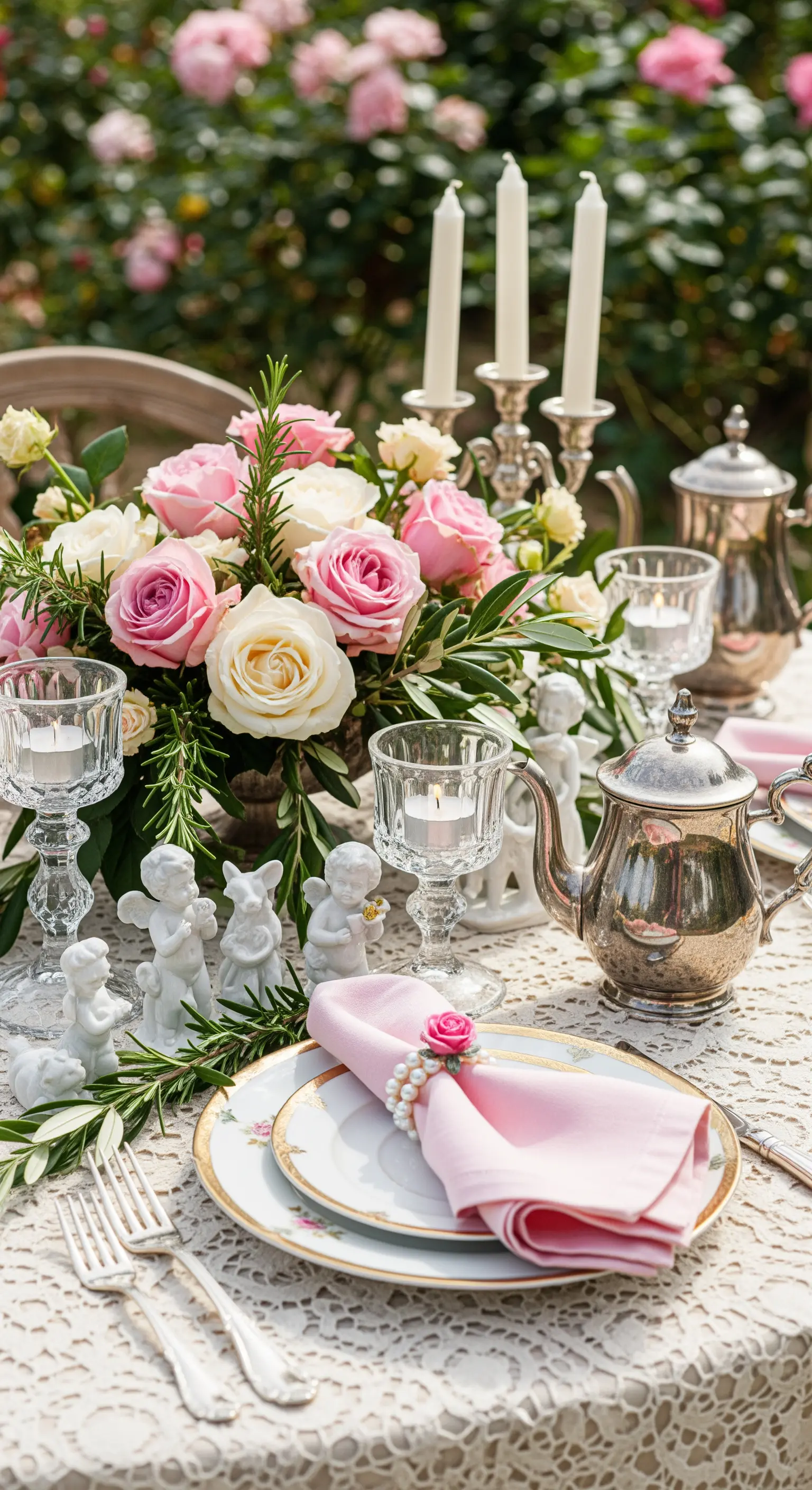 Runder Tisch mit Spitzentuch, rosa Rosen, silbernem Geschirr und Kerzen im Rosengarten.