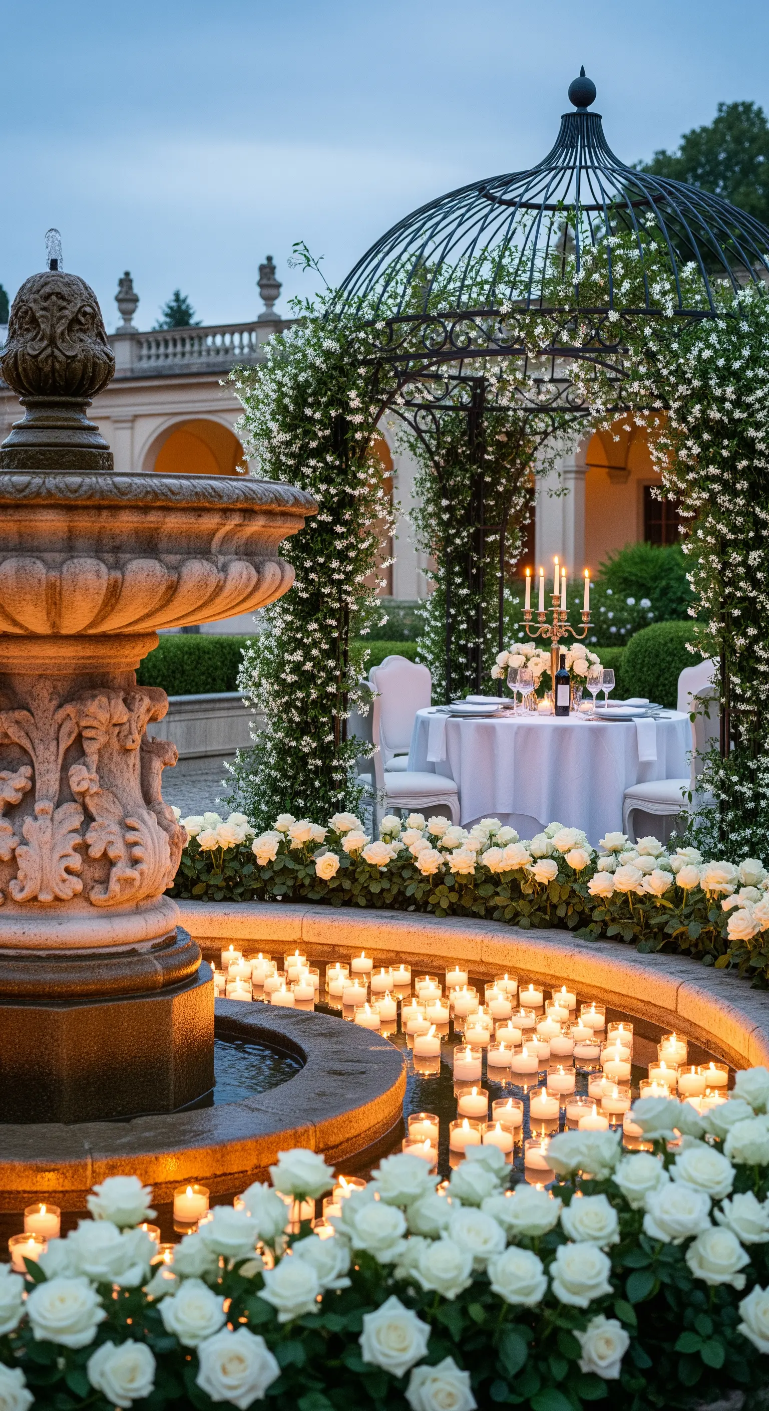 Rundbrunnen mit schwimmenden Kerzen und weißen Rosen, Esstisch unter Bogen