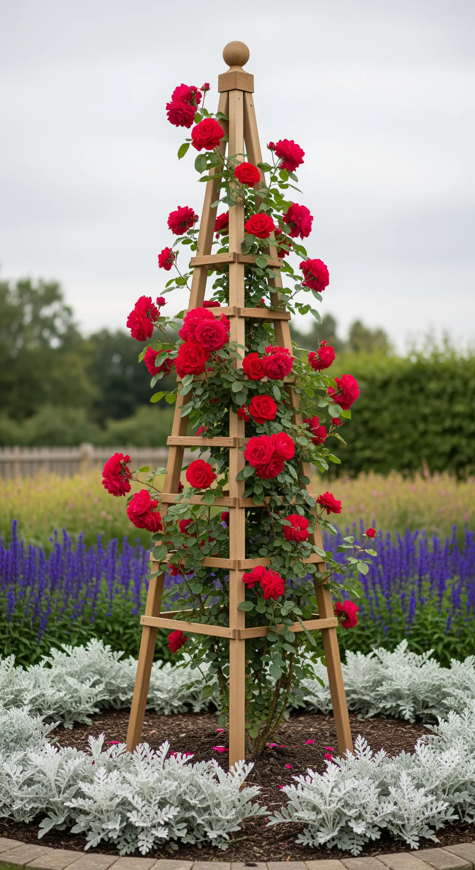 Rosensäule, roter Kletterrose, Obelisk, Gartendeko, vertikaler Akzent