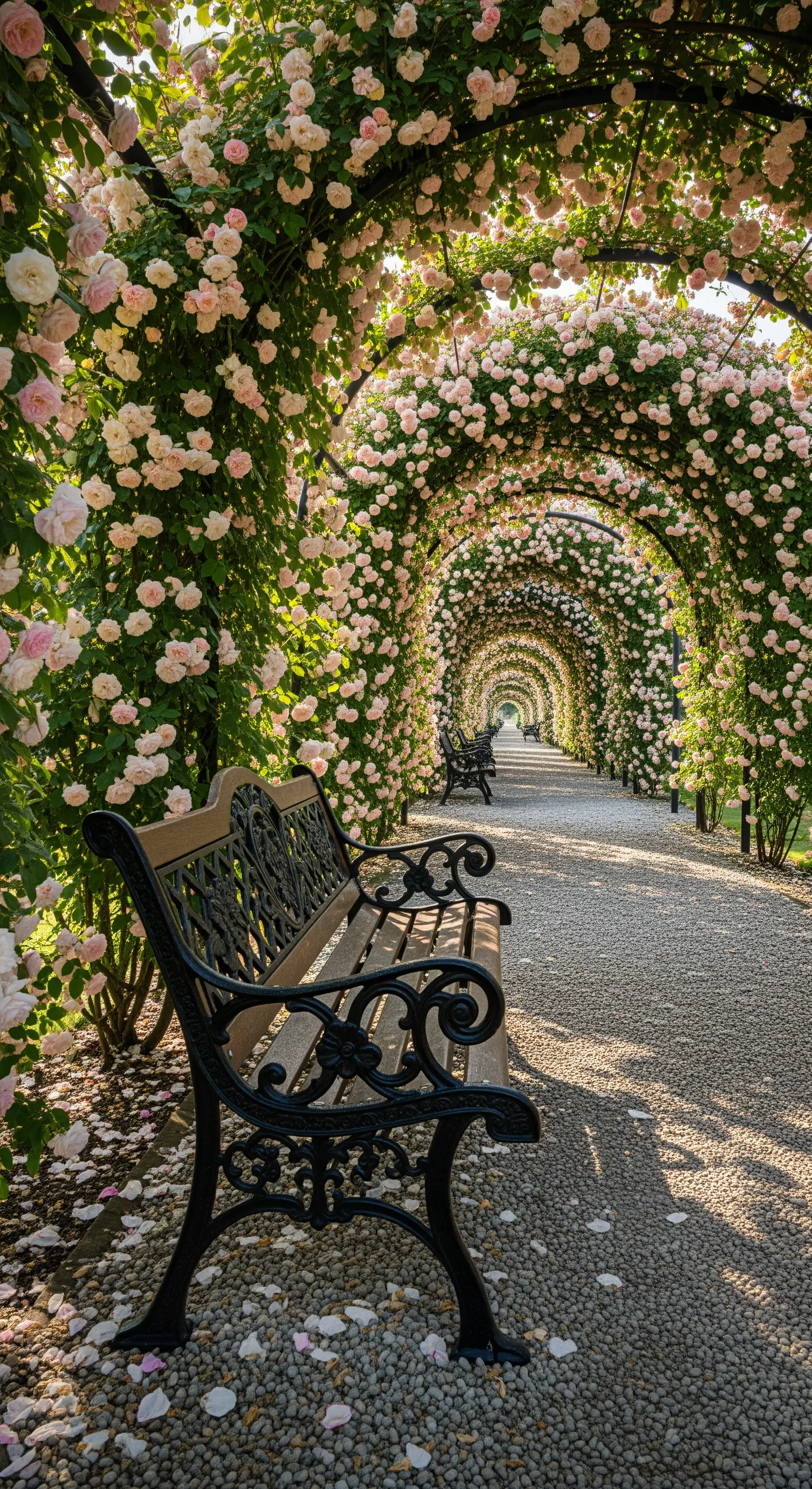 Langer Rosentunnel mit Kletterrosen und Gusseisenbänken auf Kiesweg