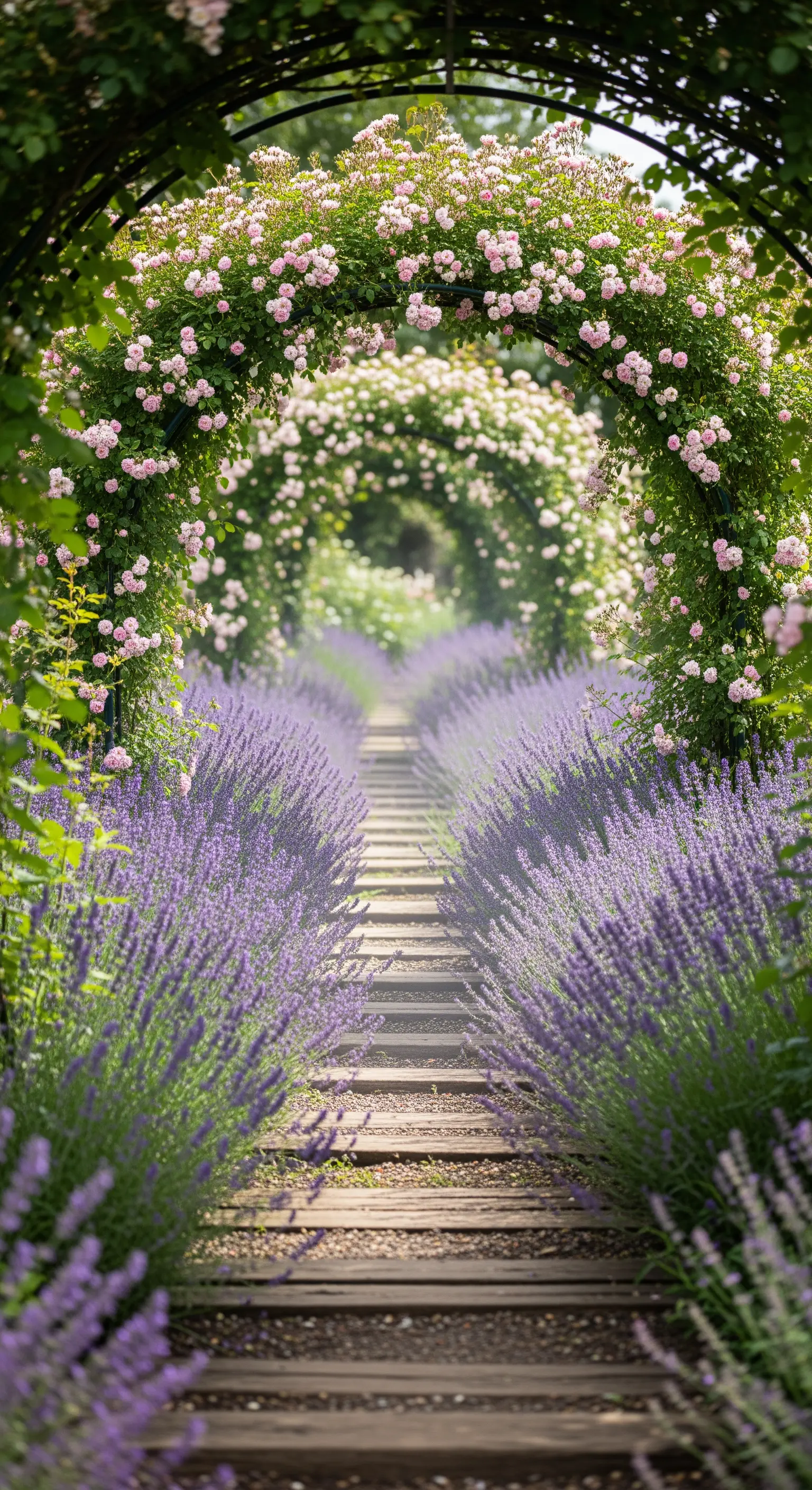 Romantischer Rosentunnel mit pinken Kletterrosen und Lavendelpfad