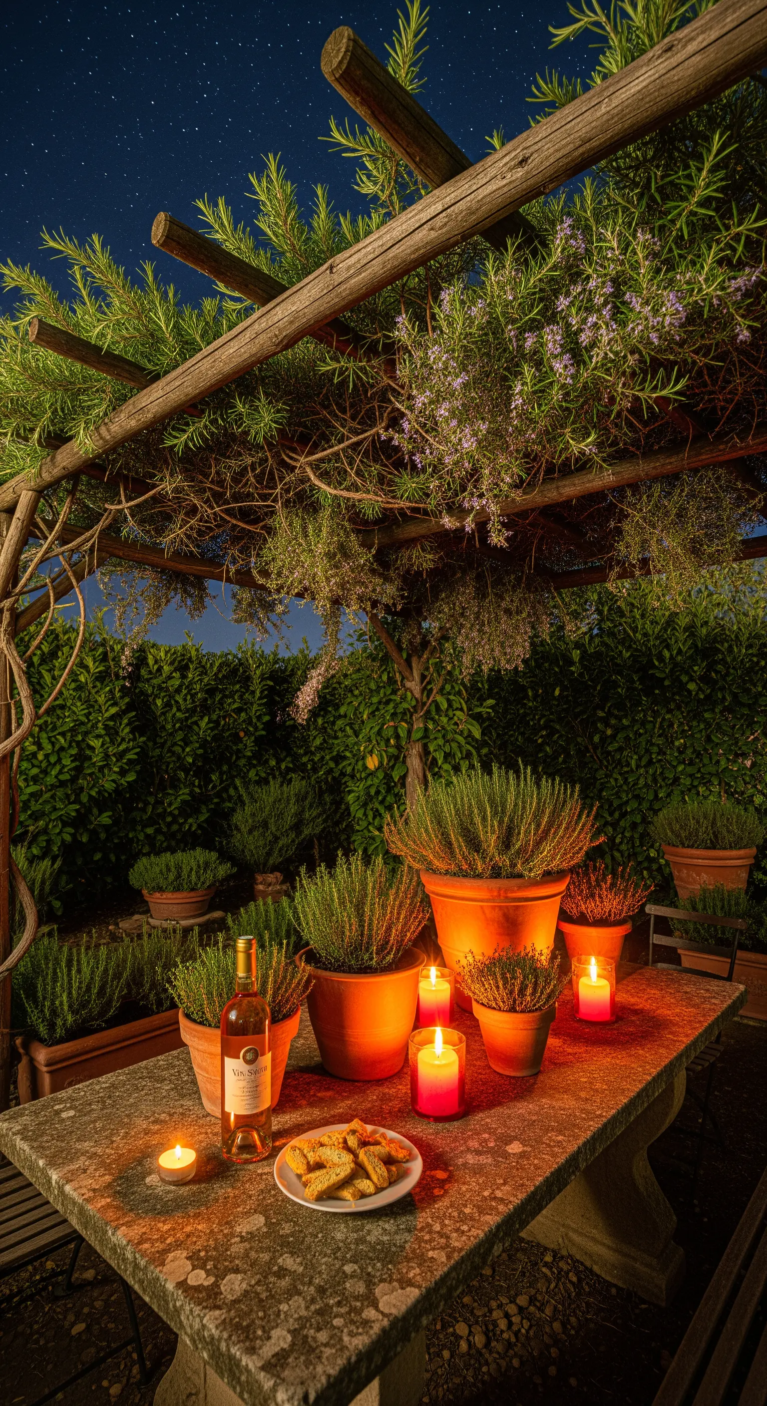 Rosmarin-Pergola, Terrakotta-Töpfe, farbige Kerzen, Steintisch