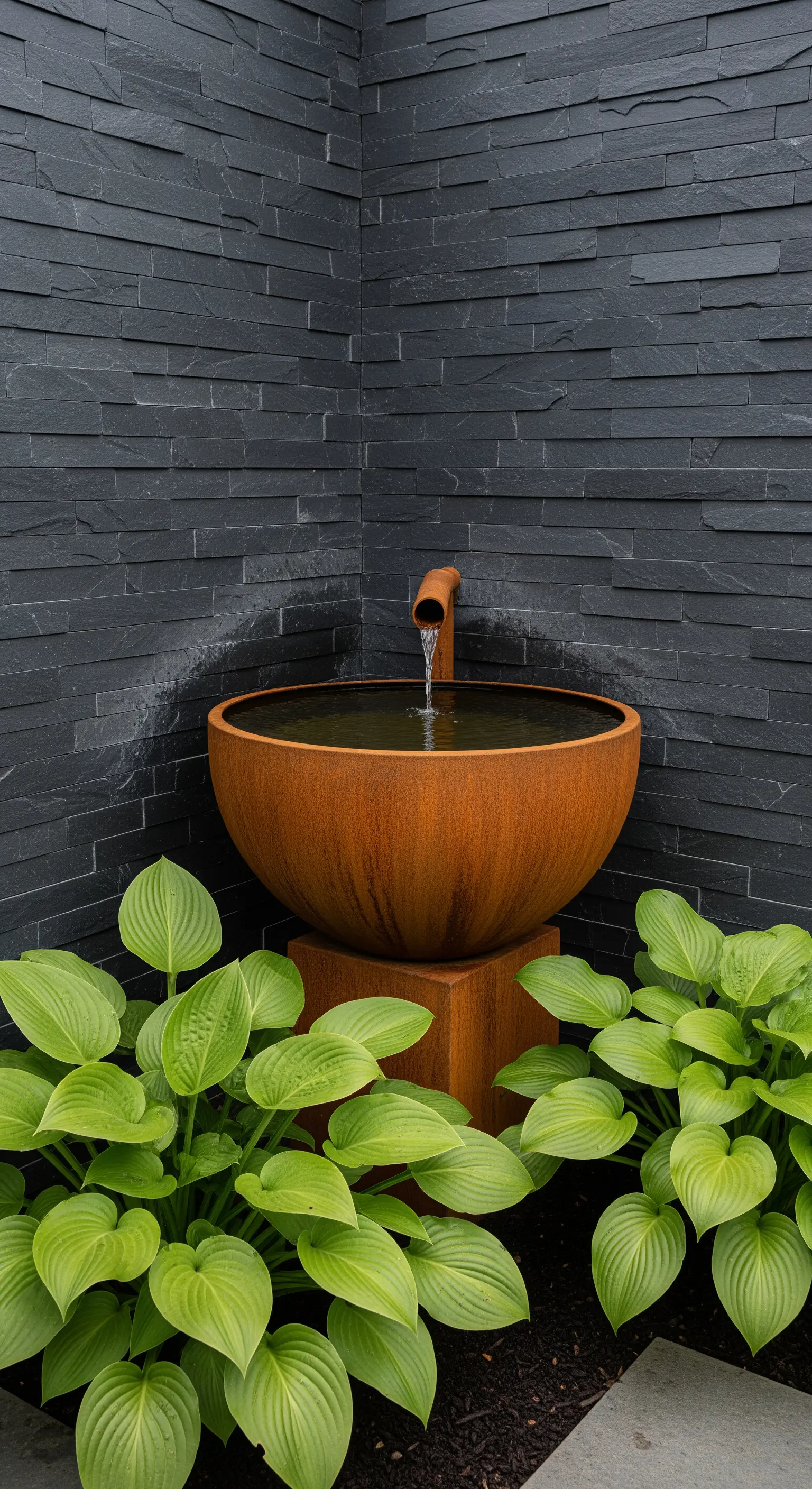 Cortenstahl-Brunnen vor Schieferwand mit üppigen Funkien