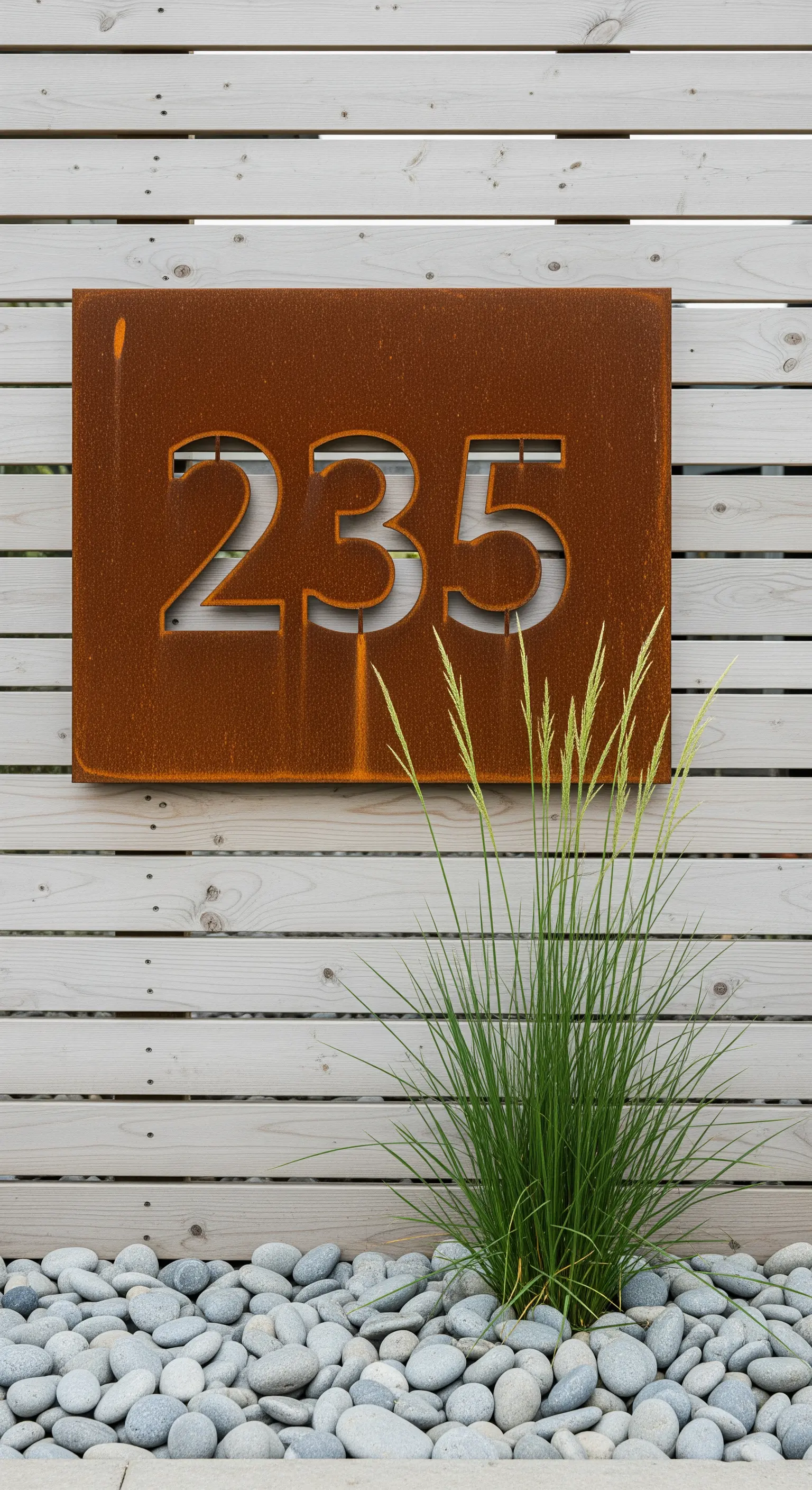 Japandi Hausnummer aus Rostmetall auf Holzlamellenwand mit Kieselsteinen