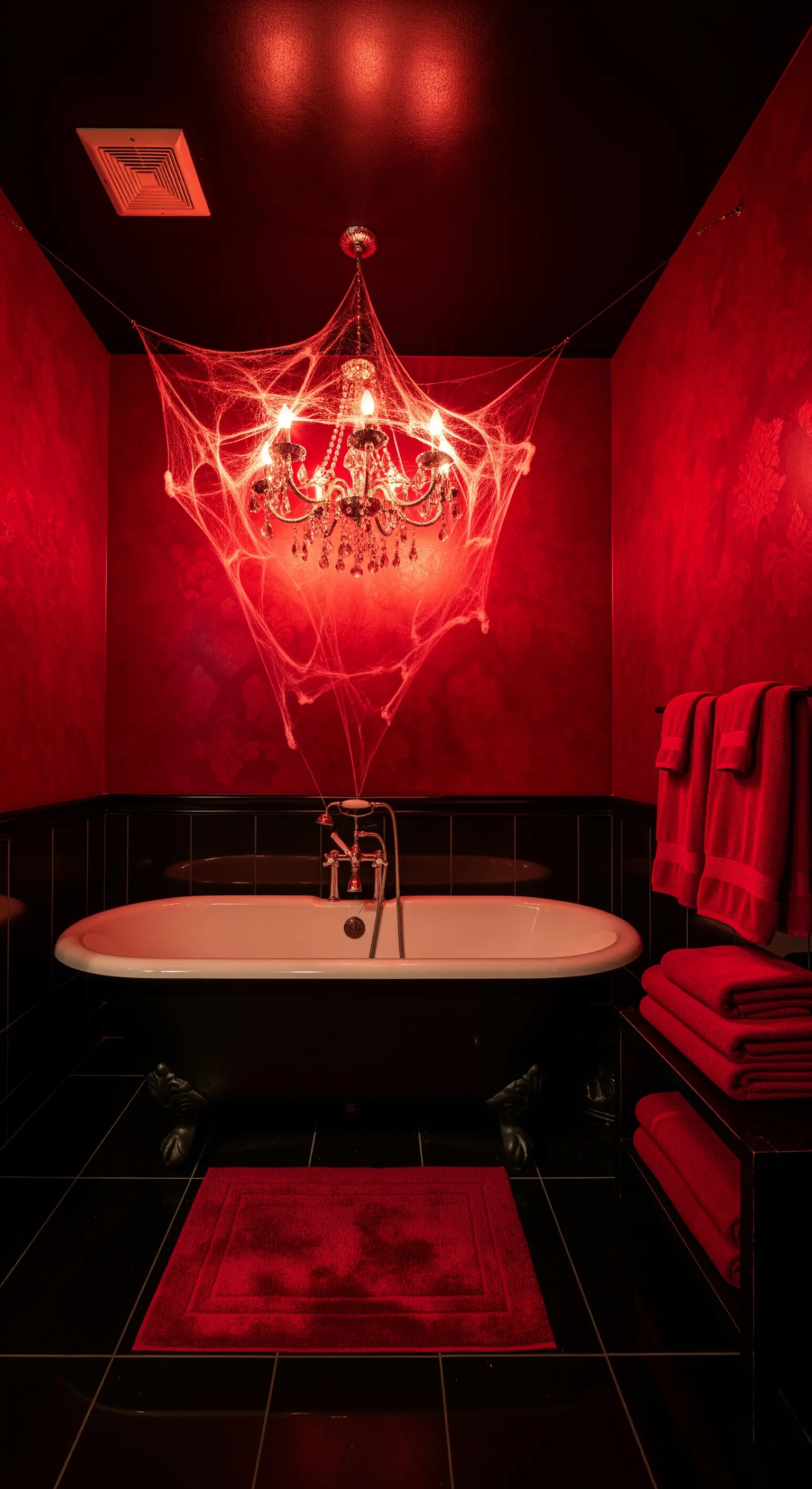 Badezimmer in Rot und Schwarz mit Spinnweben-Kronleuchter und roten Textilien