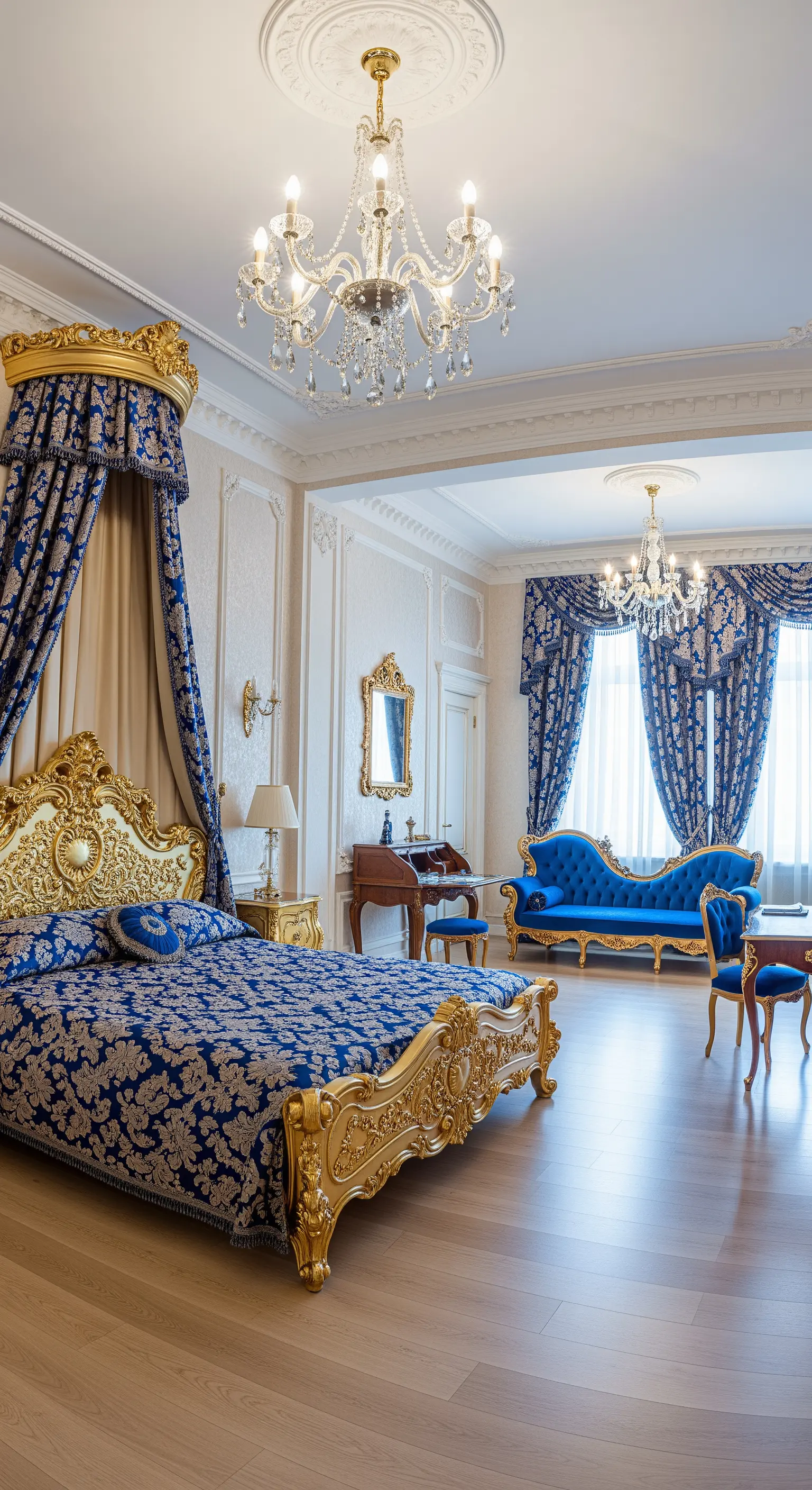 Opulentes Schlafzimmer mit goldenem Bett und einer passenden blauen und goldenen Sitzgruppe.