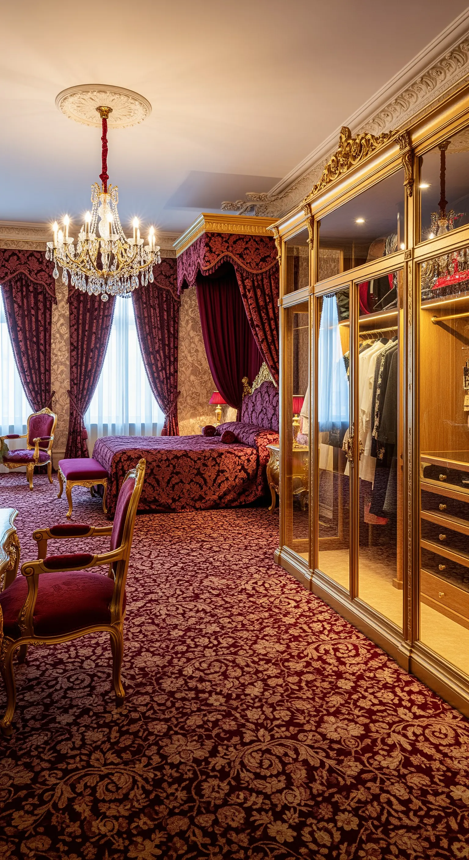 Barockes Schlafzimmer in Rot und Gold mit einem prunkvollen, verspiegelten Kleiderschrank.