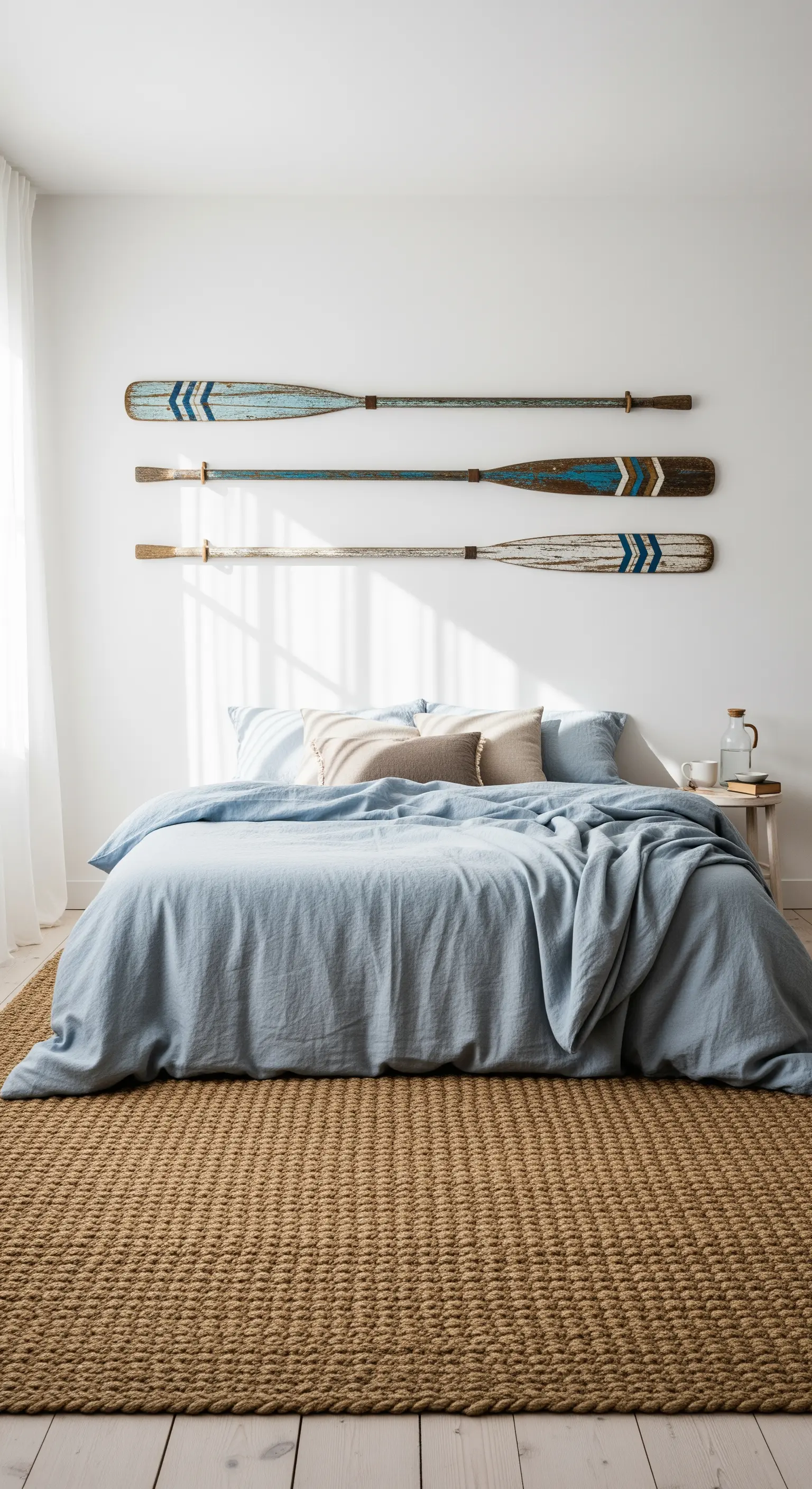 Schlafzimmer mit drei dekorativen Rudern an der Wand über dem Bett