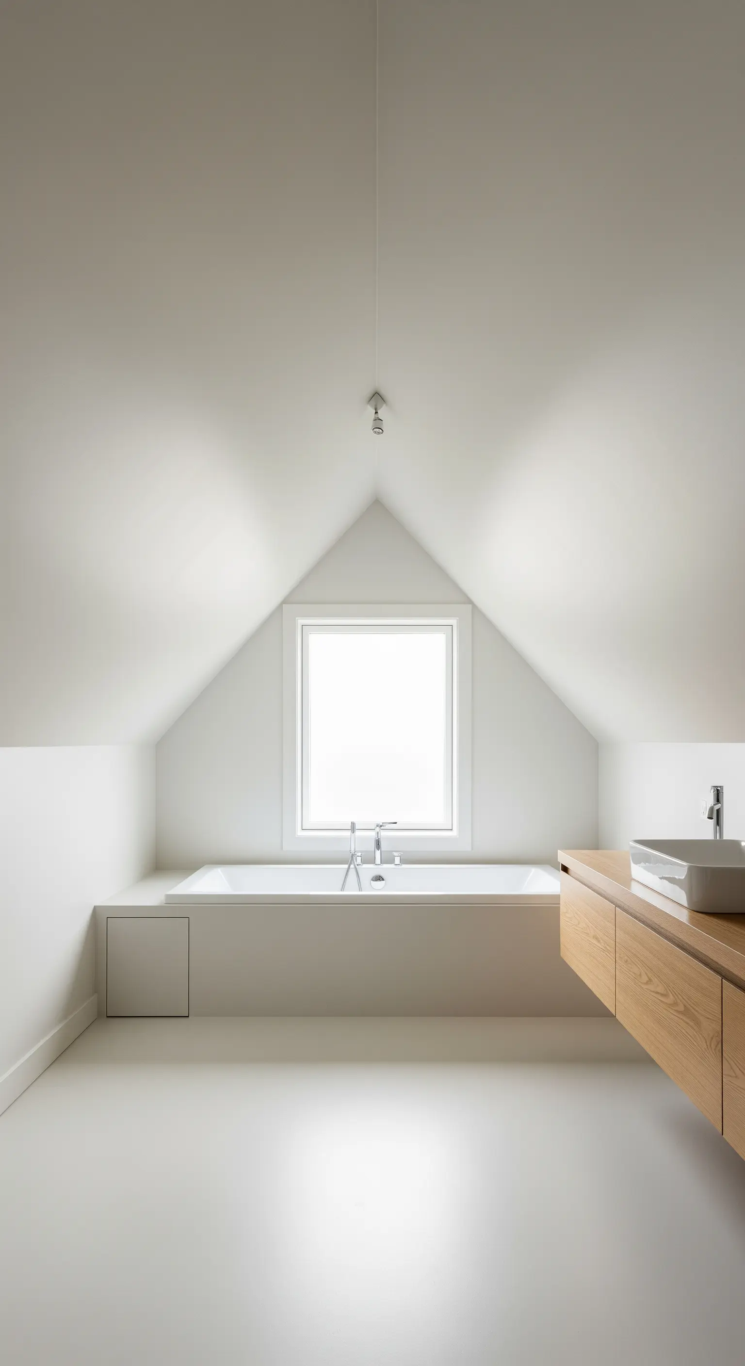 Minimalistisches Dachgeschoss-Badezimmer in Weiß mit Einbauwanne unter dem Fenster.