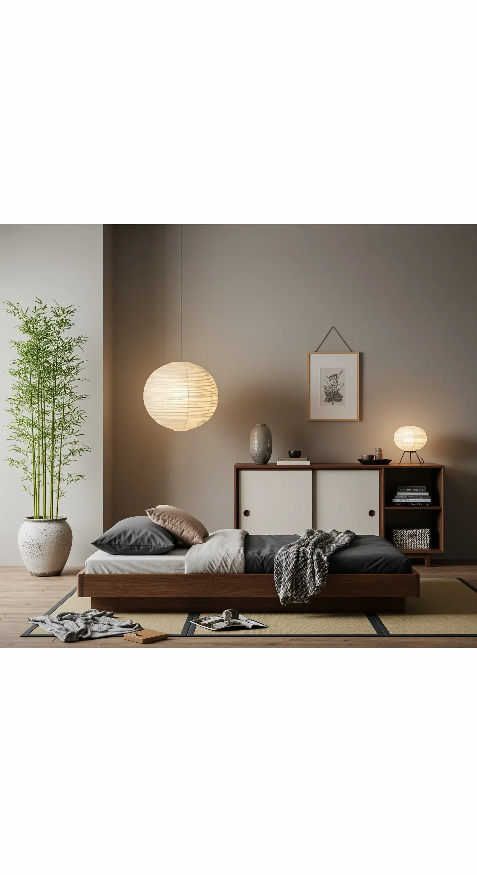 Schlafzimmer im Japandi-Stil mit niedrigem Bett, Papierlaterne und Bambuspflanze.