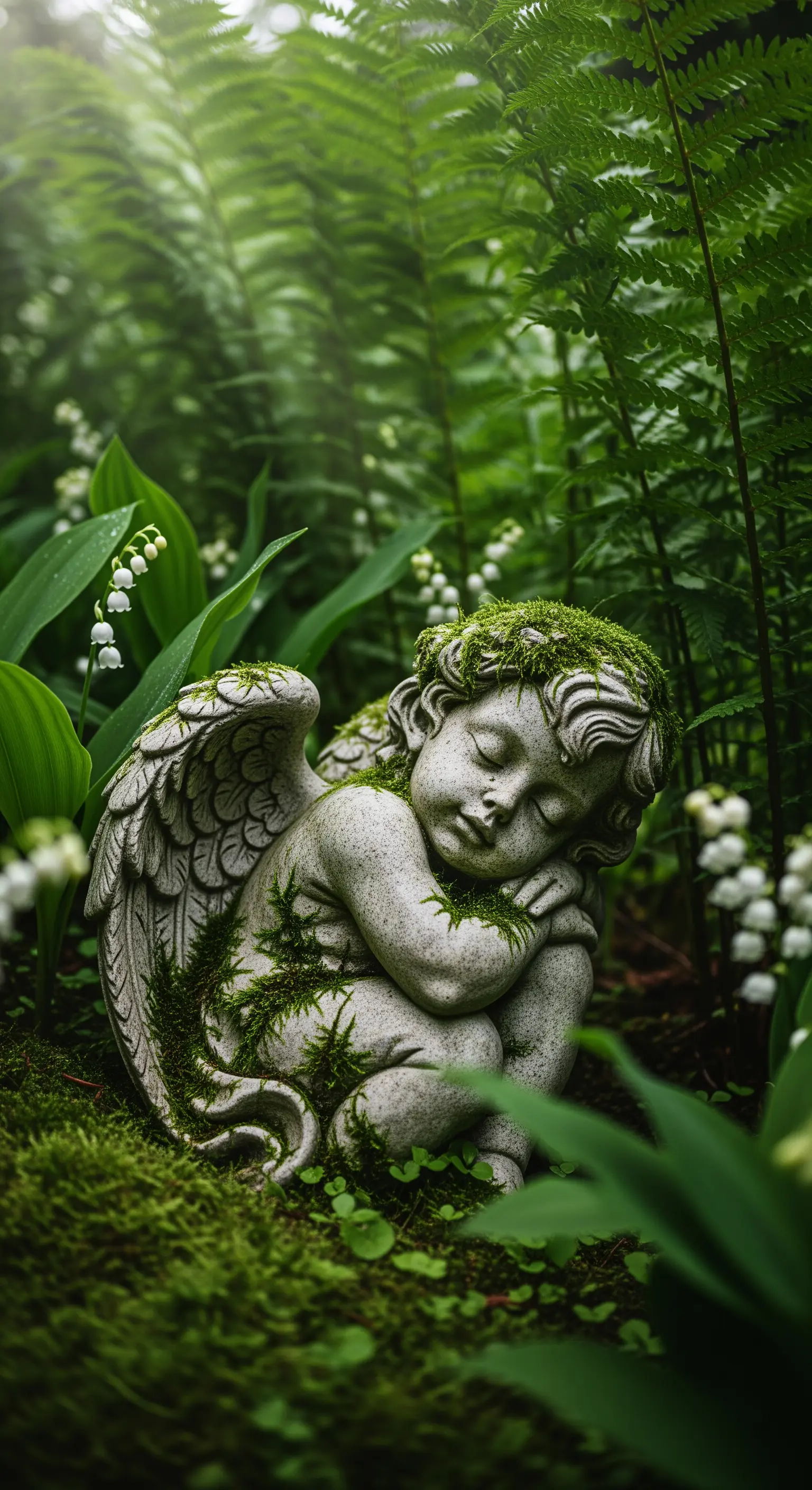 Moosbewachsene Engelsfigur, schlafend in einem Bett aus Farnen und Maiglöckchen