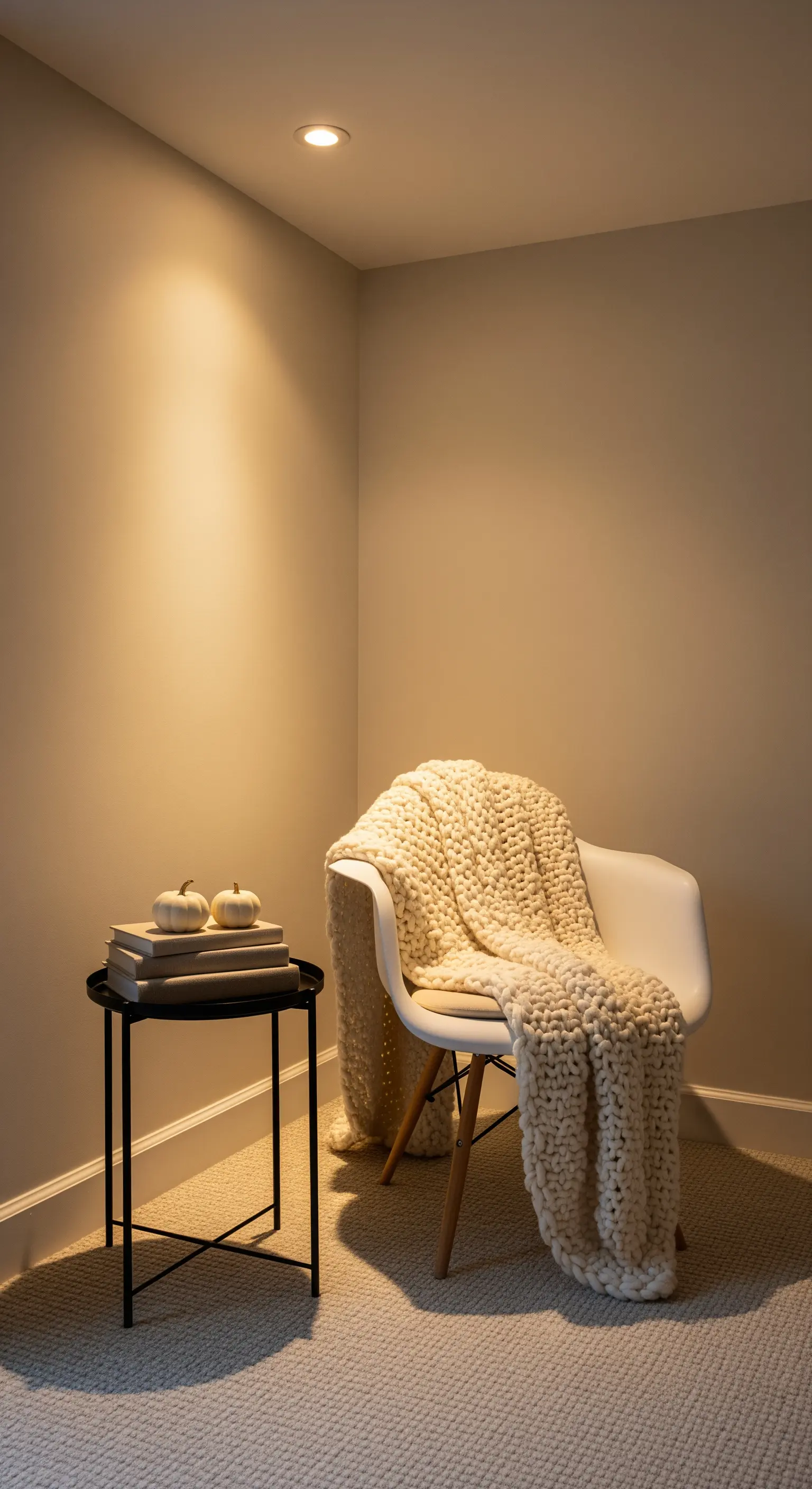 Gemütliche Leseecke mit weißem Stuhl, Strickdecke, Beistelltisch und weißen Kürbissen