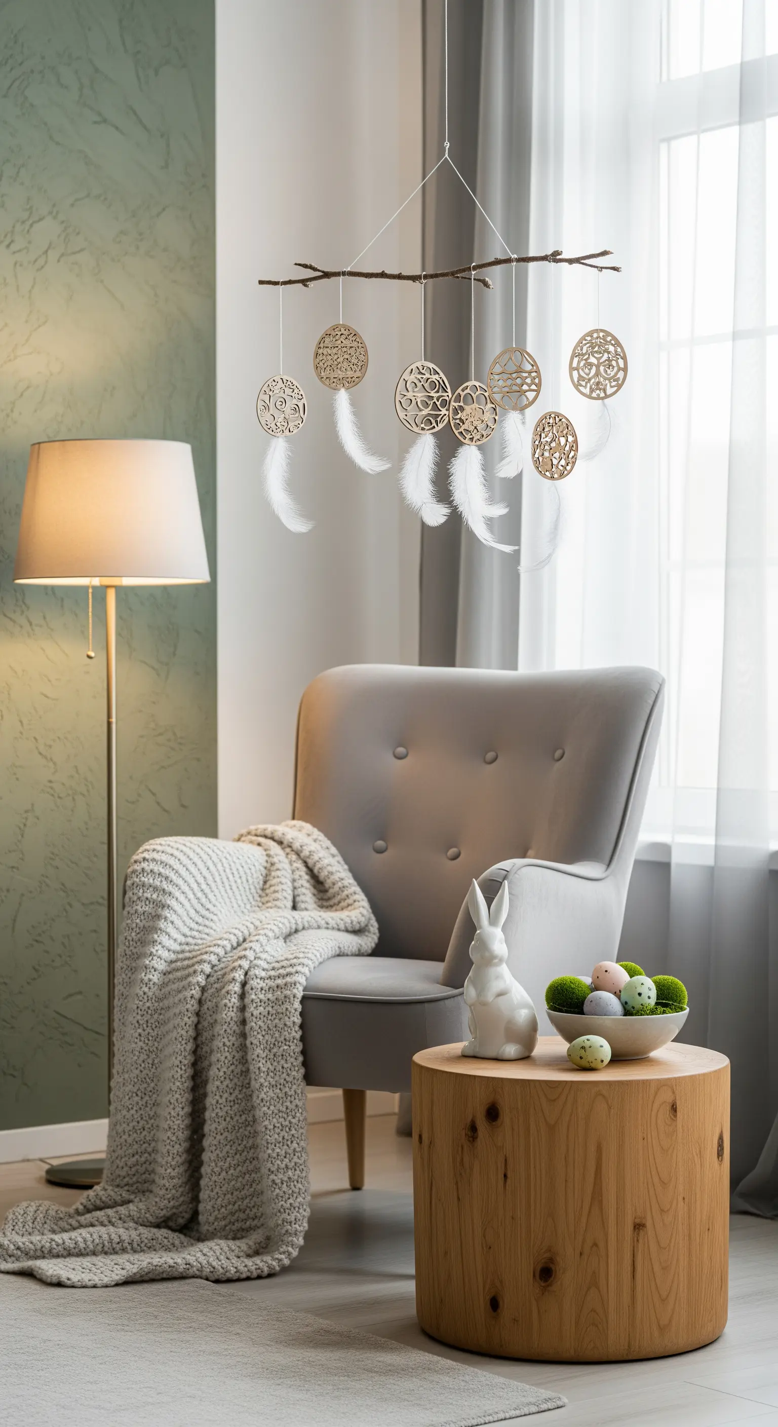 Leseecke mit Mobile, weißem Hasen und Moosschale in Pastellfarben