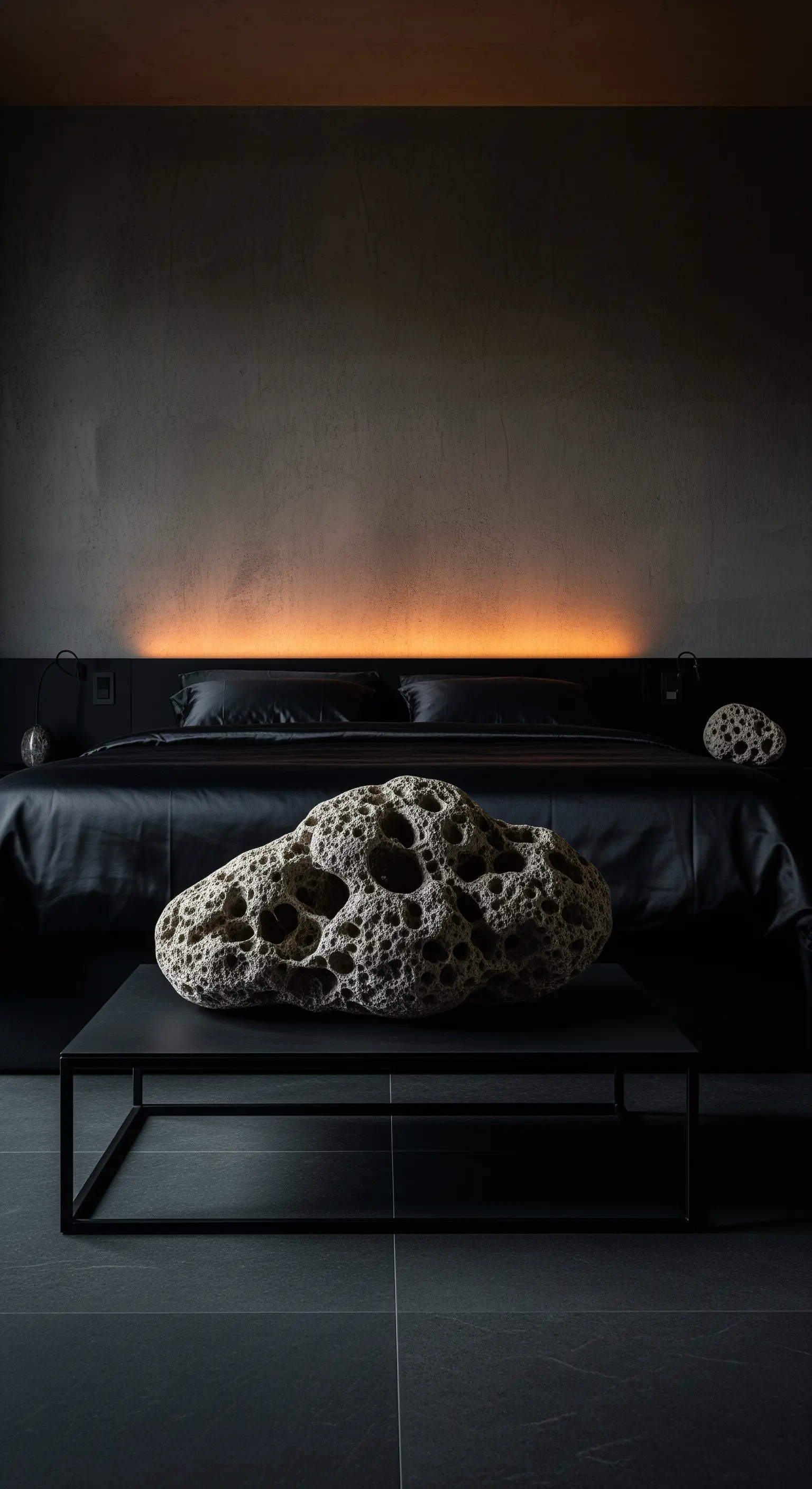 Große poröse Steinskulptur auf Couchtisch in dunklem Schlafzimmer.