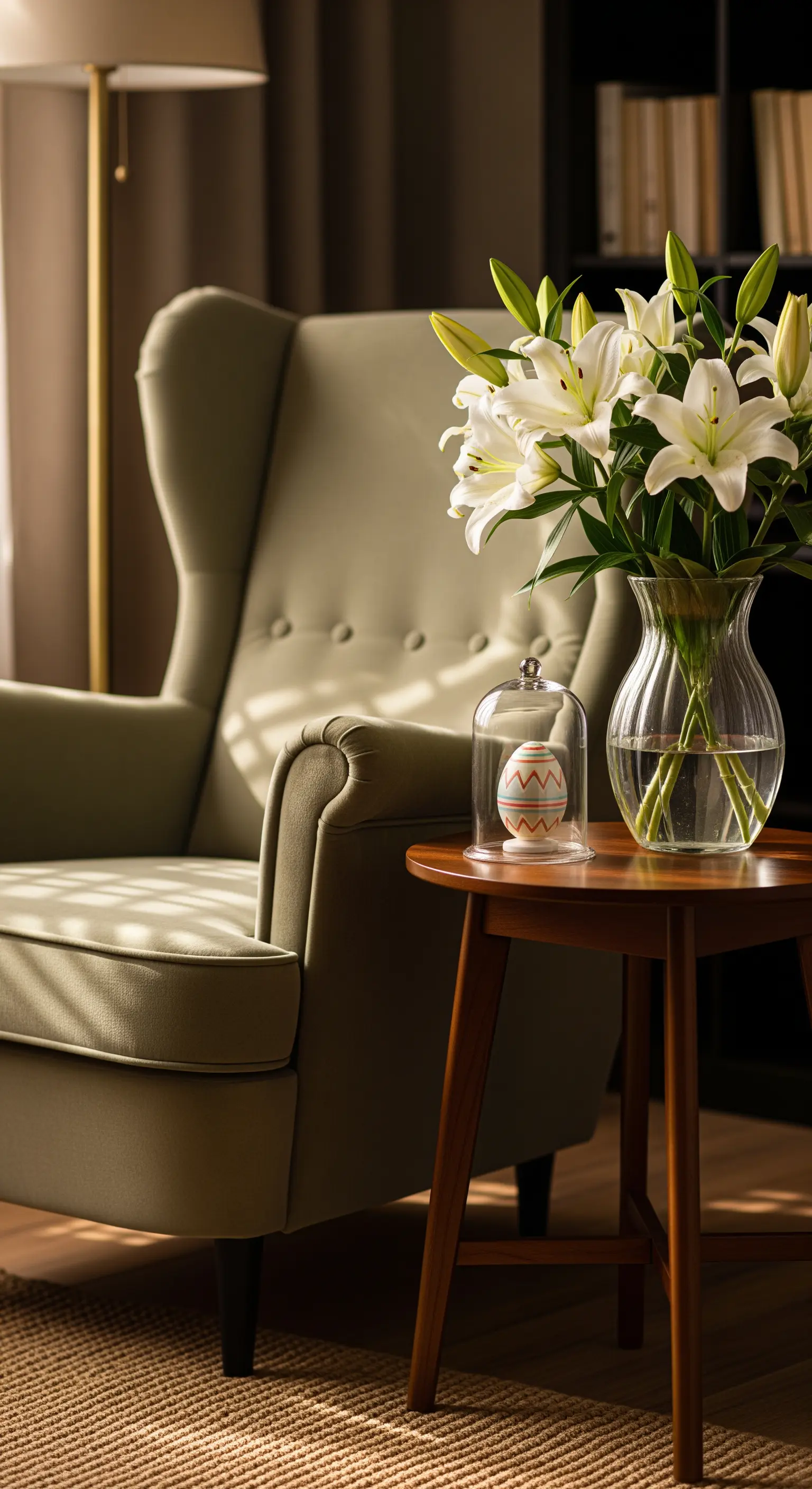 Leseecke mit weißem Sessel, Beistelltisch, Lilien in Vase und dekoriertem Ei unter Glasglocke.