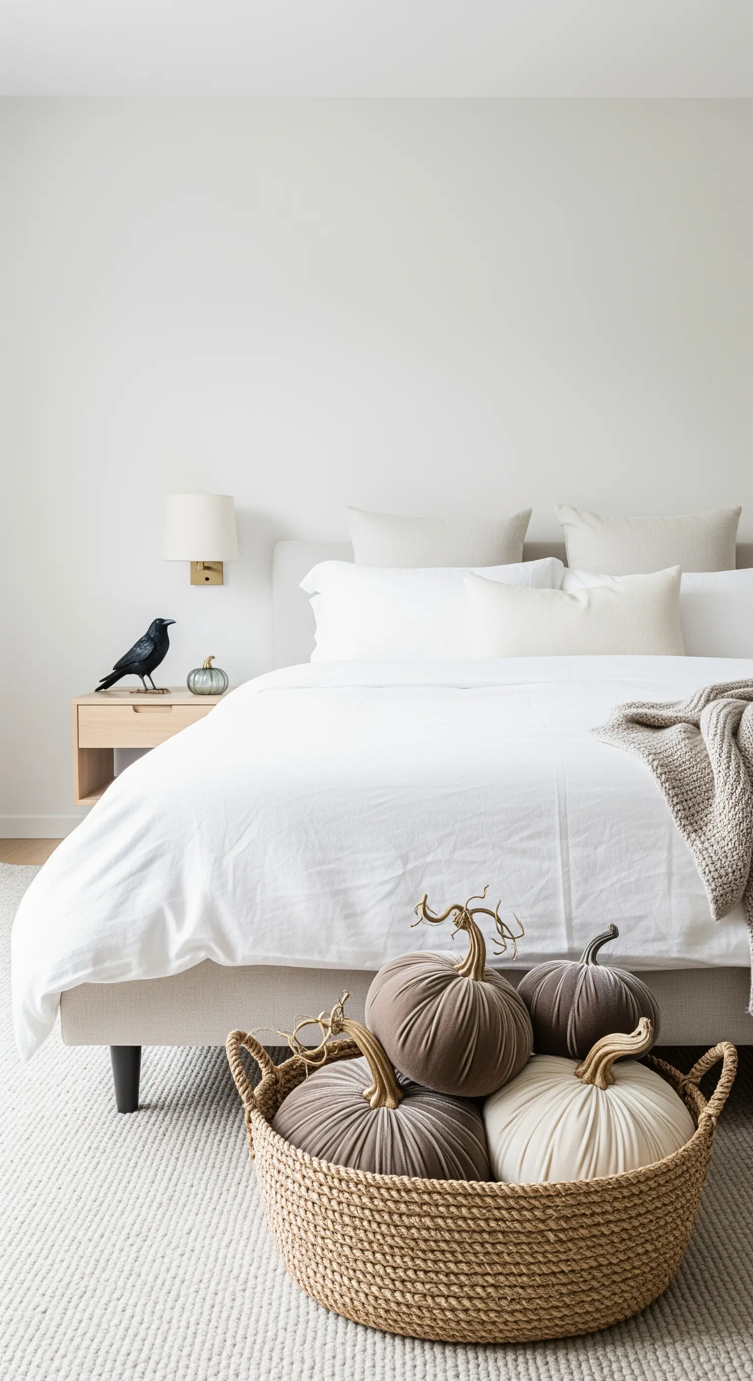 Schlafzimmer mit Korb voller Stoffkürbisse und Rabenfigur