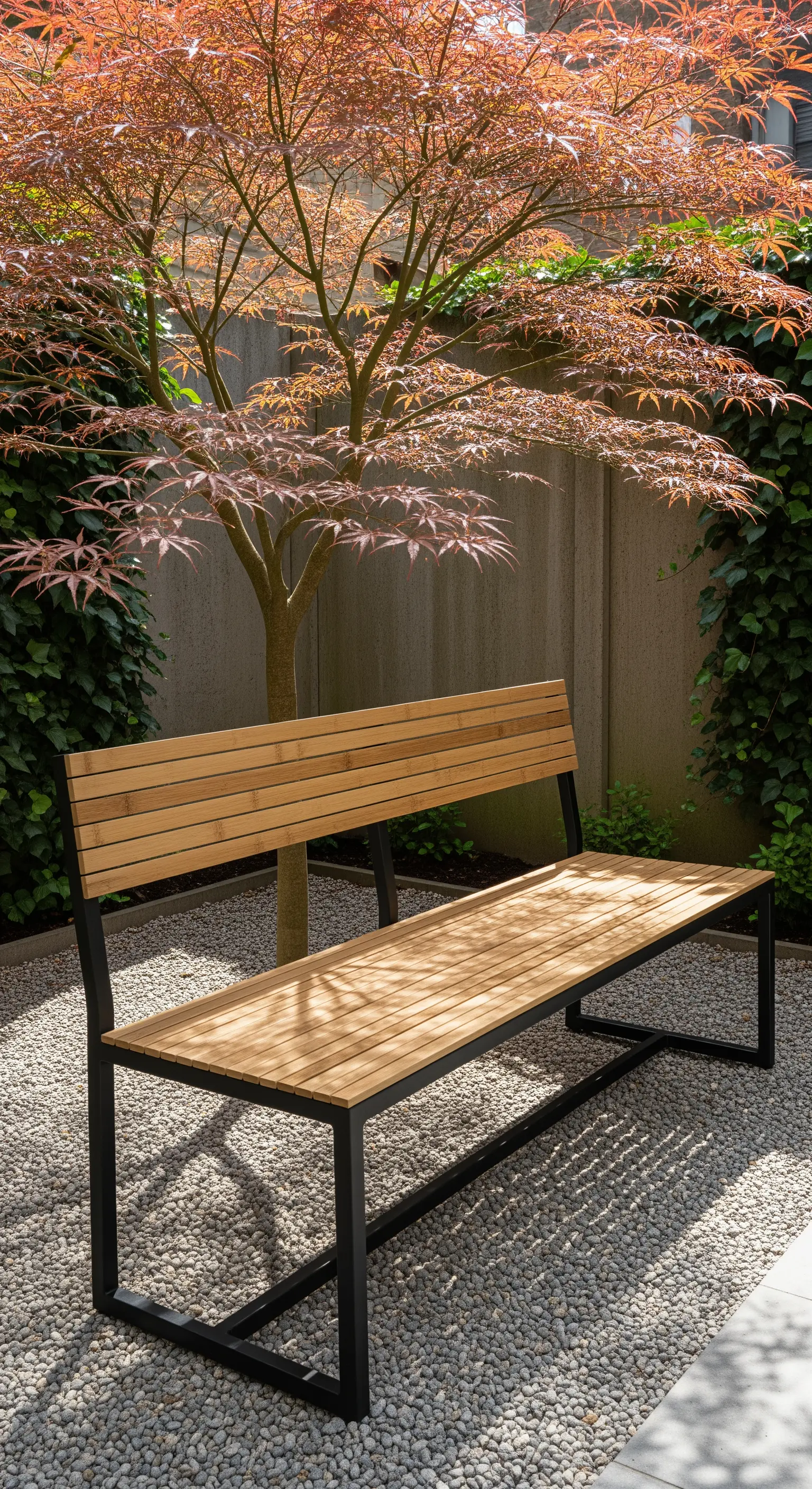 Minimalistische Holzbank unter japanischem Ahorn auf Kiesbett